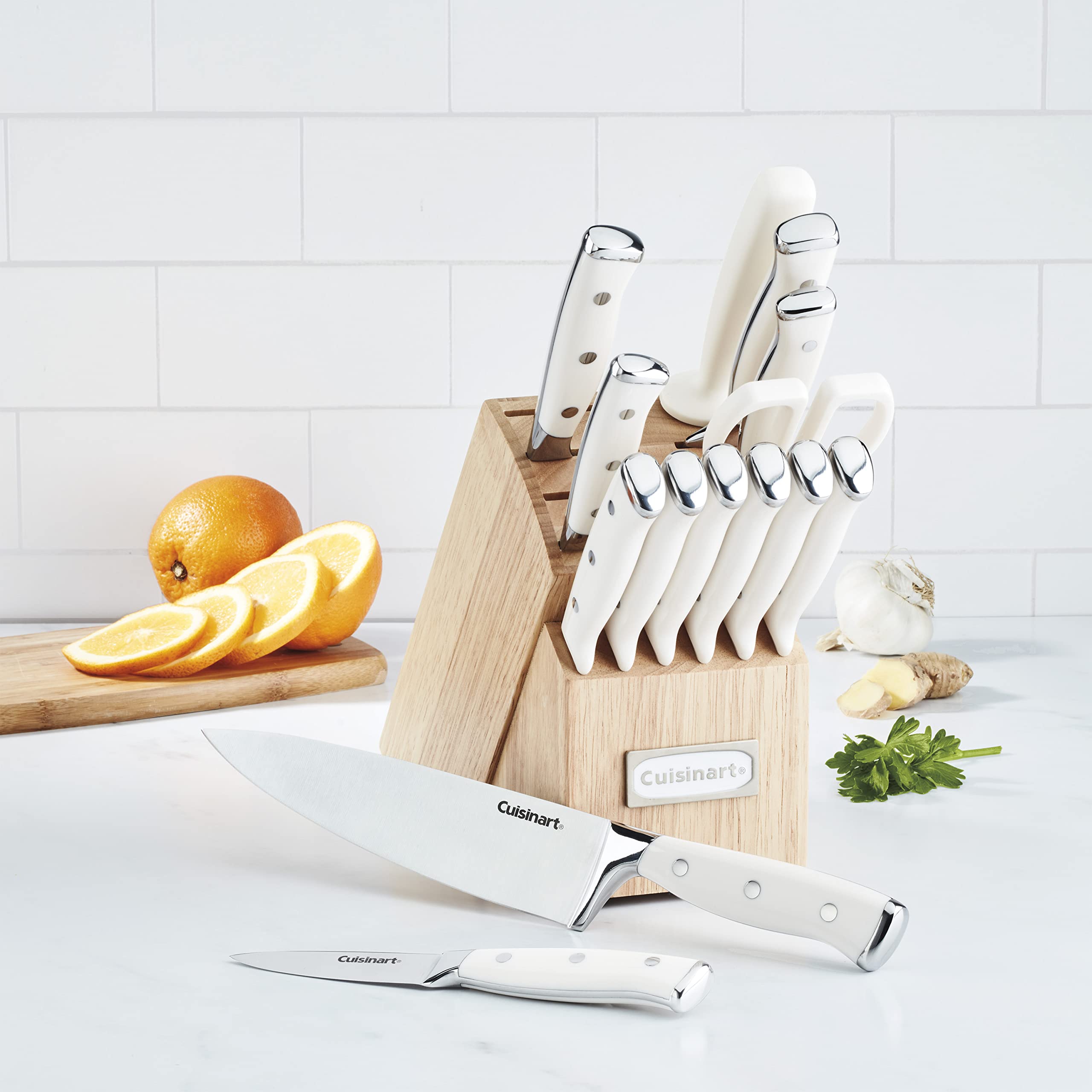 Cuisinart 15-Piece Knife Set with Block, High Carbon Stainless Steel, Forged Triple Rivet, White, C77WTR-15P