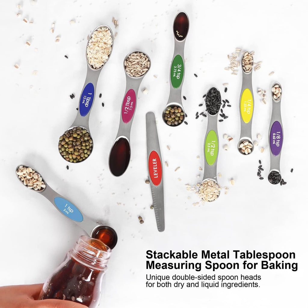 Magnetic Measuring Spoons Set Stainless Steel with Leveler, Stackable Metal Tablespoon Measure Spoon for Baking, Cups and Spoon Set Kitchen Gadgets Apartment Essentials Fits in Spice Jars