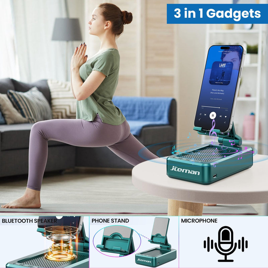 JTEMAN Cell Phone Stand with Bluetooth Speaker, HD Stereo Sound & Anti-Slip Base, Foldable Adjustable Desktop Phone Holder for Home Office, Cool Tech Gadgets Birthday Gifts for Men Women (Black)