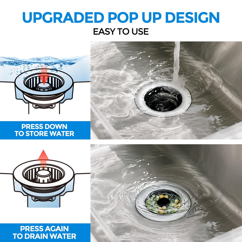 Sink Drain Strainer - Sink Stopper Kitchen Drain, 3 in 1 Kitchen Sink Drain Strainer with Anti-Clogging Basket, Kitchen Gadgets Clearance Sink Accessories, Fit US Standard 3-1/2'' Sink Hole, Silver