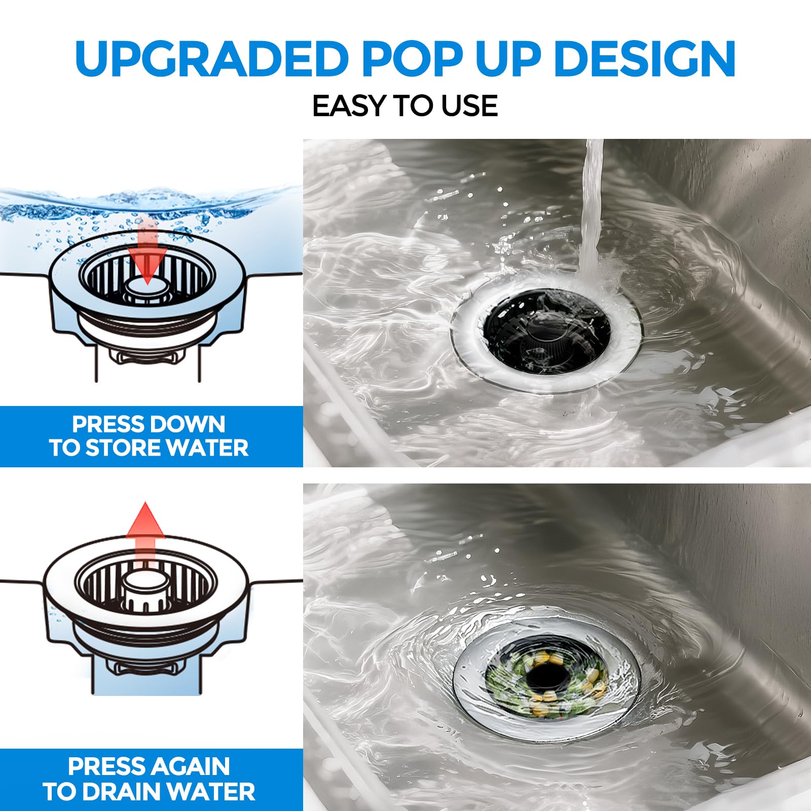 Sink Drain Strainer - Sink Stopper Kitchen Drain, 3 in 1 Kitchen Sink Drain Strainer with Anti-Clogging Basket, Kitchen Gadgets Clearance Sink Accessories, Fit US Standard 3-1/2'' Sink Hole, Silver