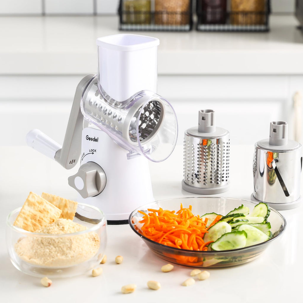 Geedel Rotary Cheese Grater, Kitchen Mandoline Vegetable Slicer with 3 Interchangeable Blades, Easy to Clean Grater for Fruit, Vegetables, Nuts