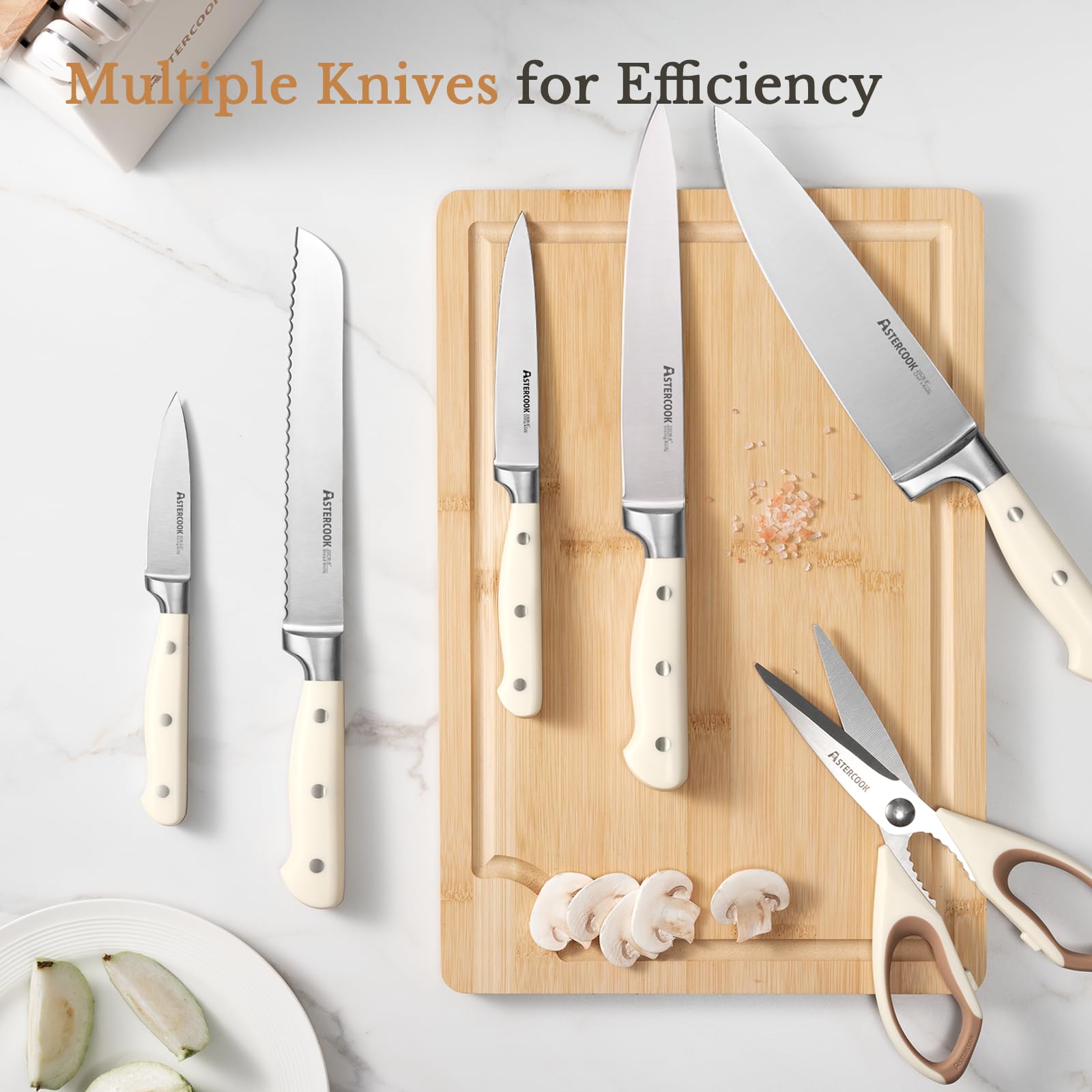 Knife Set,Astercook Kitchen Knife Set with Block 14-Piece Full Tang Stainless Steel Knives with Sharpener Dishwasher Safe and Anti-Slip Ergonomic Handle Utensils Set