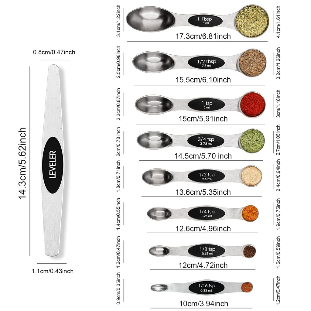 Magnetic Measuring Spoons Set Stainless Steel with Leveler, Stackable Metal Tablespoon Measure Spoon for Baking, Cups and Spoon Set Kitchen Gadgets Apartment Essentials Fits in Spice Jars