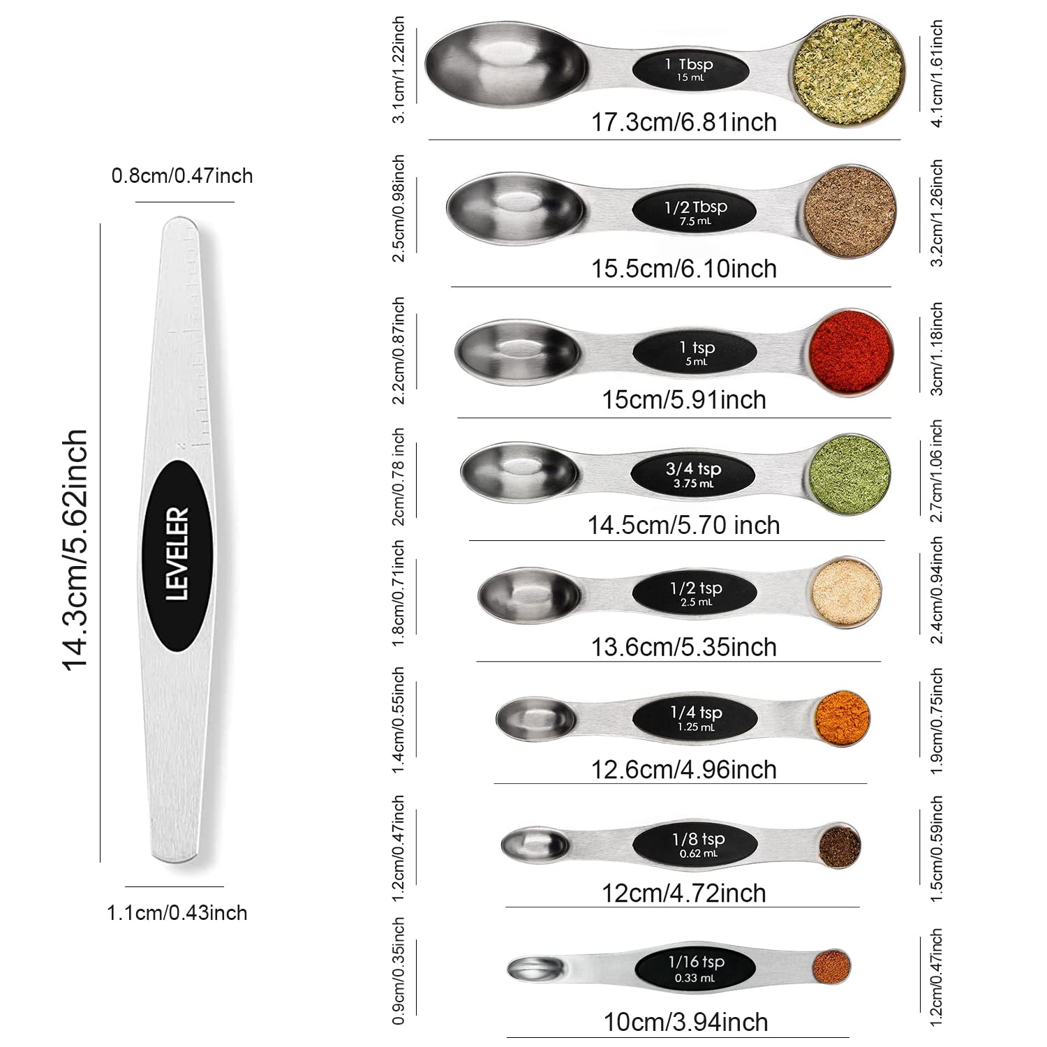 Magnetic Measuring Spoons Set Stainless Steel with Leveler, Stackable Metal Tablespoon Measure Spoon for Baking, Cups and Spoon Set Kitchen Gadgets Apartment Essentials Fits in Spice Jars
