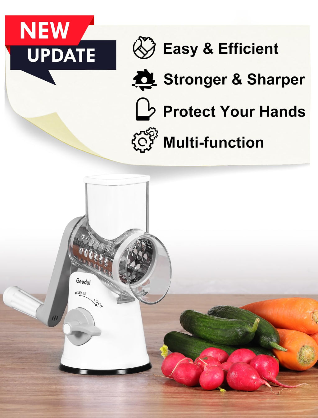 Geedel Rotary Cheese Grater, Kitchen Mandoline Vegetable Slicer with 3 Interchangeable Blades, Easy to Clean Grater for Fruit, Vegetables, Nuts