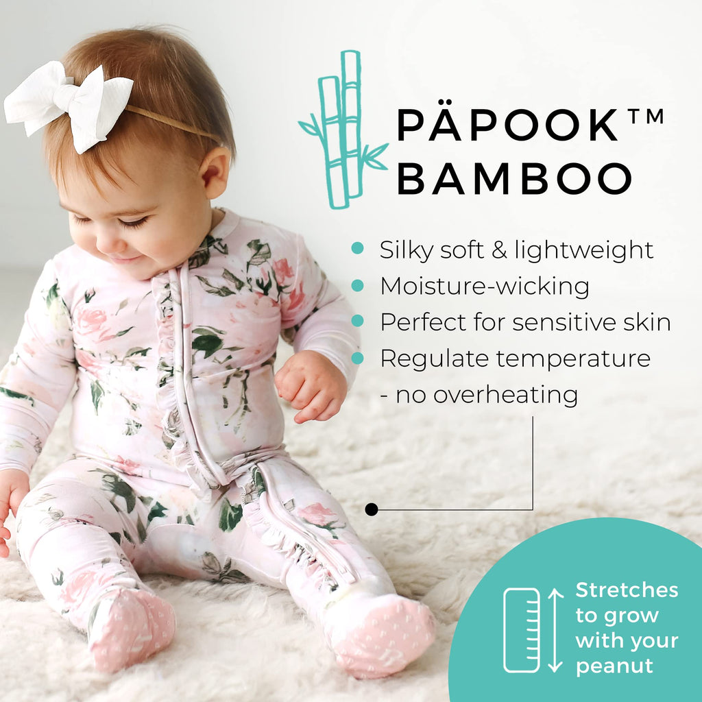 Posh Peanut Footie Pajamas for Baby Girls – Sleepers in Ultra-Soft Viscose from Bamboo with 2-Way Zipper & Ruffle Trim