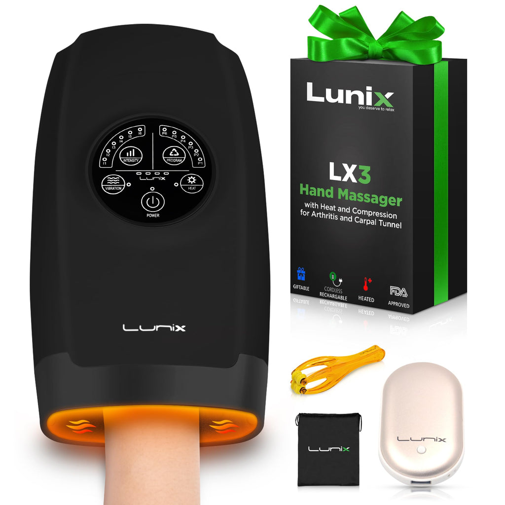 Lunix LX3 FSA Carpal Tunnel & Wrist Pain Relief Device, Heated Air Compression Hand Massager Machine for Arthritis & Finger Numbness, Cordless, Charcoal Black