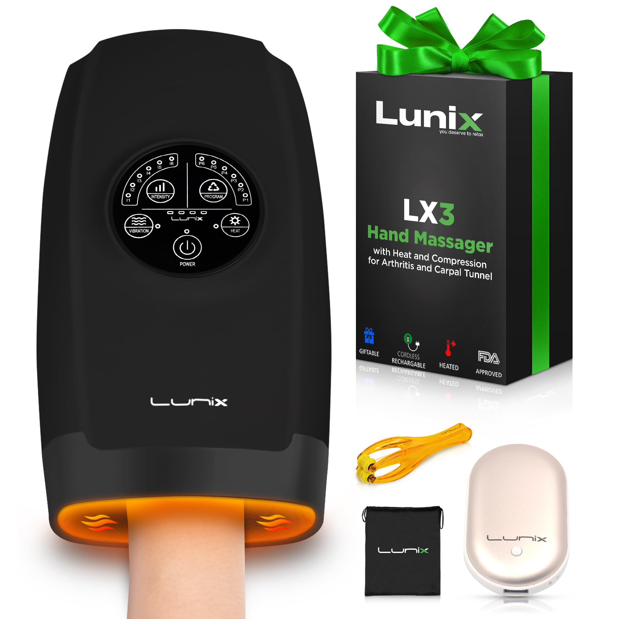 Lunix LX3 FSA Carpal Tunnel & Wrist Pain Relief Device, Heated Air Compression Hand Massager Machine for Arthritis & Finger Numbness, Cordless, Charcoal Black