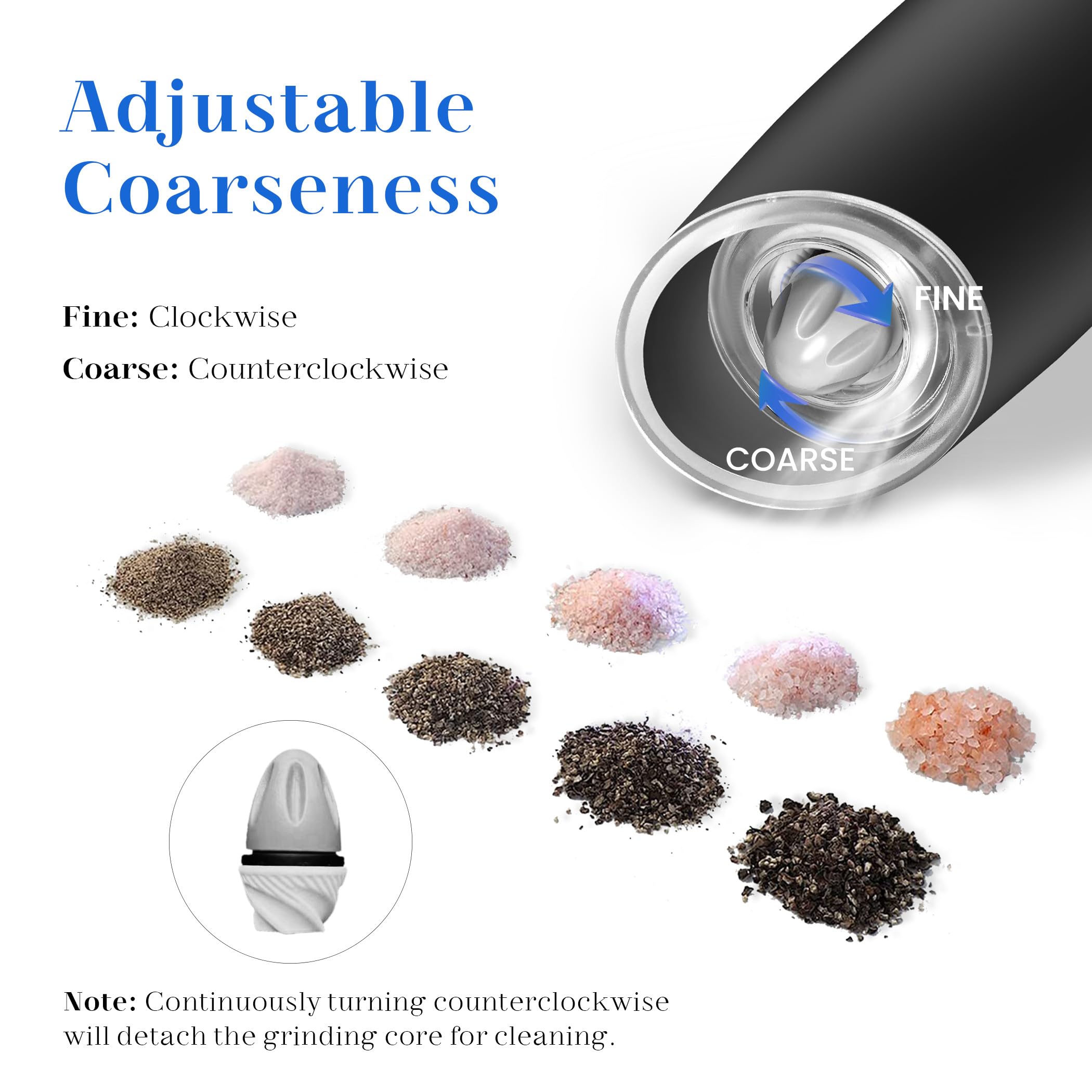 UNNEES Gravity Electric Salt and Pepper Grinder set of 2, Automatic Salt And Pepper Grinder Set, Adjustable Roughness, Battery Powered, LED Light, 2 Pack, (Black)