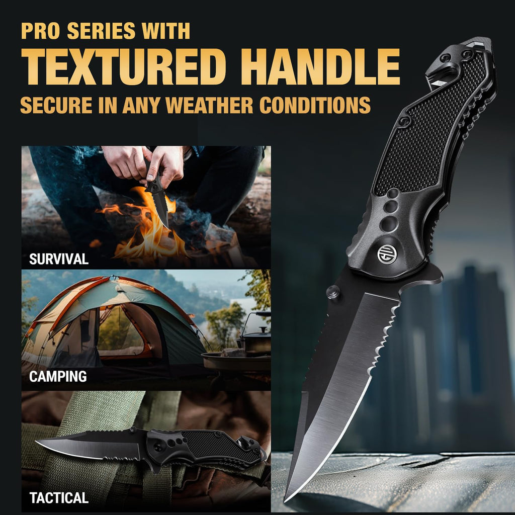 GOOD WORKER Legal Pocket Knife with 2.95” Serrated Blade, Glass Breaker, Seat Belt Cutter - EDC Sharp Folding Knives with Portable Clip - Small Tool for Tactical Camping Survival Hiking - Gifts for Men, Women