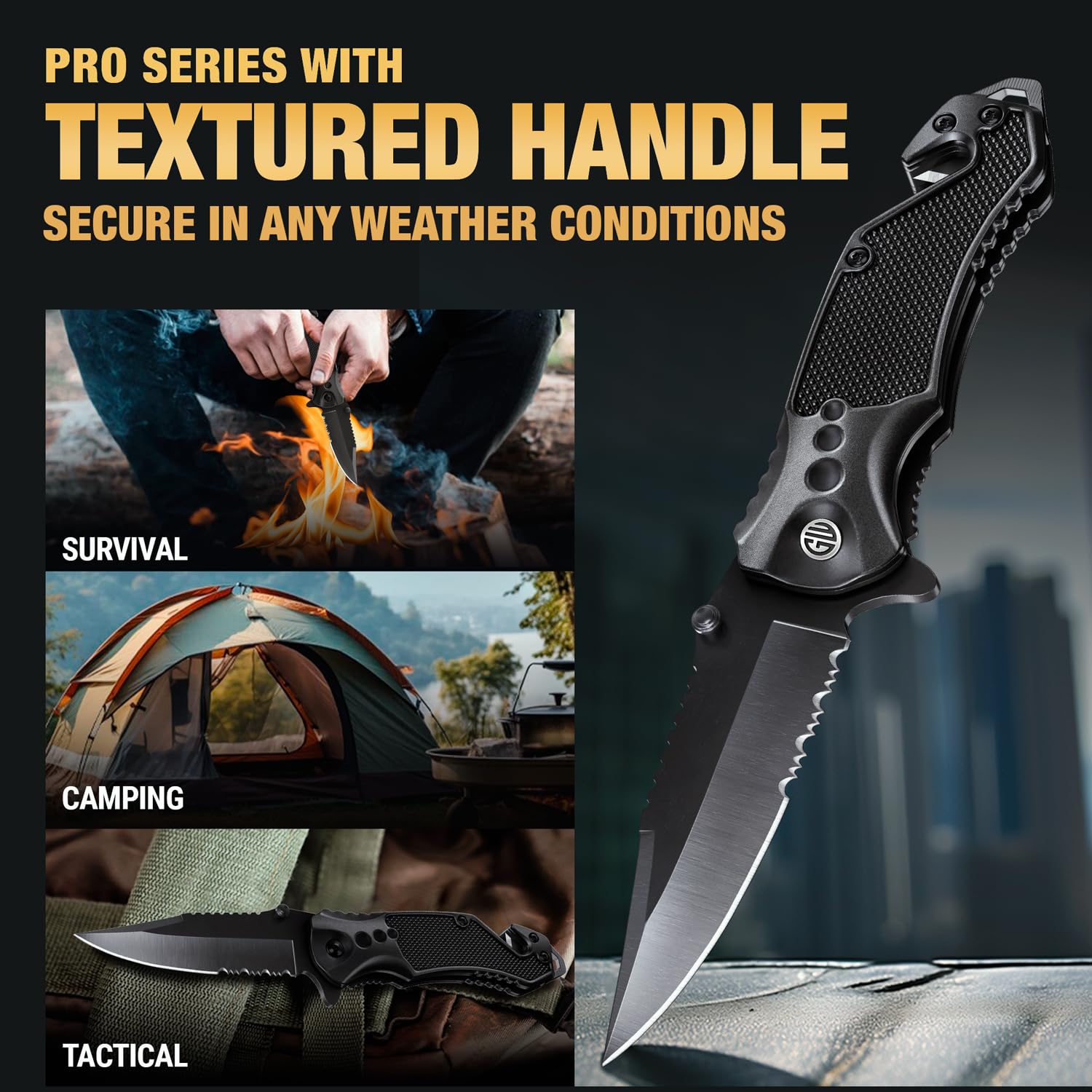 GOOD WORKER Legal Pocket Knife with 2.95” Serrated Blade, Glass Breaker, Seat Belt Cutter - EDC Sharp Folding Knives with Portable Clip - Small Tool for Tactical Camping Survival Hiking - Gifts for Men, Women