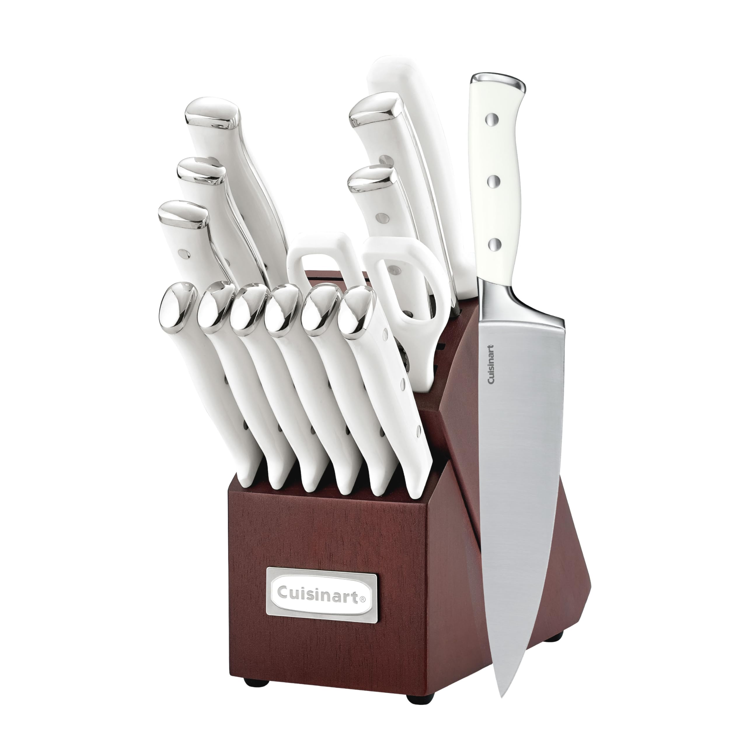 Cuisinart 15-Piece Knife Set with Block, High Carbon Stainless Steel, Forged Triple Rivet, White, C77WTR-15P