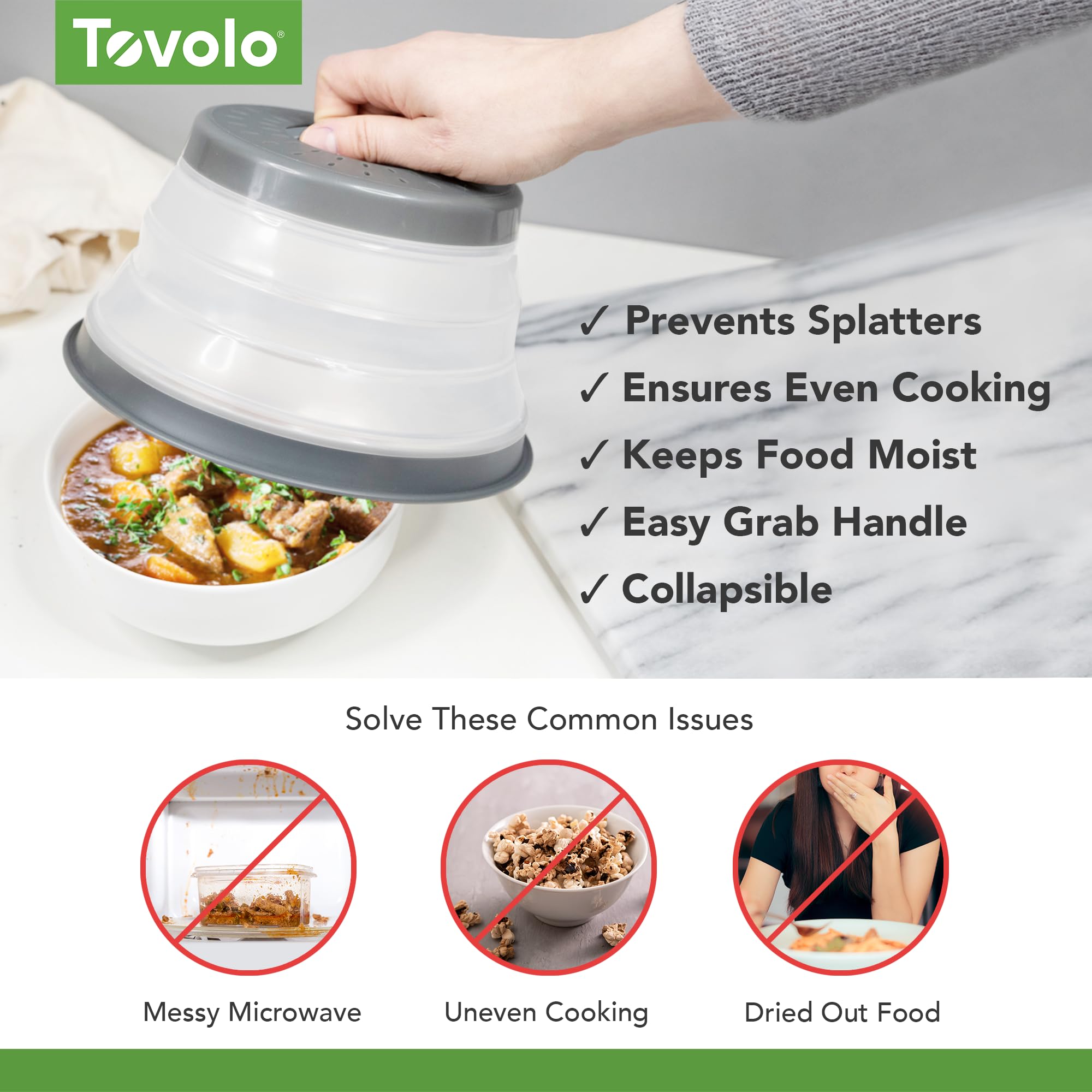 Tovolo Microwave Splatter Cover for Food, Medium (Charcoal) - Collapsible & Vented Silicone Splatter Guard Lid - Microwave Plate & Dish Cover with Handle - BPA-Free Kitchen Gadget for Meal Prep