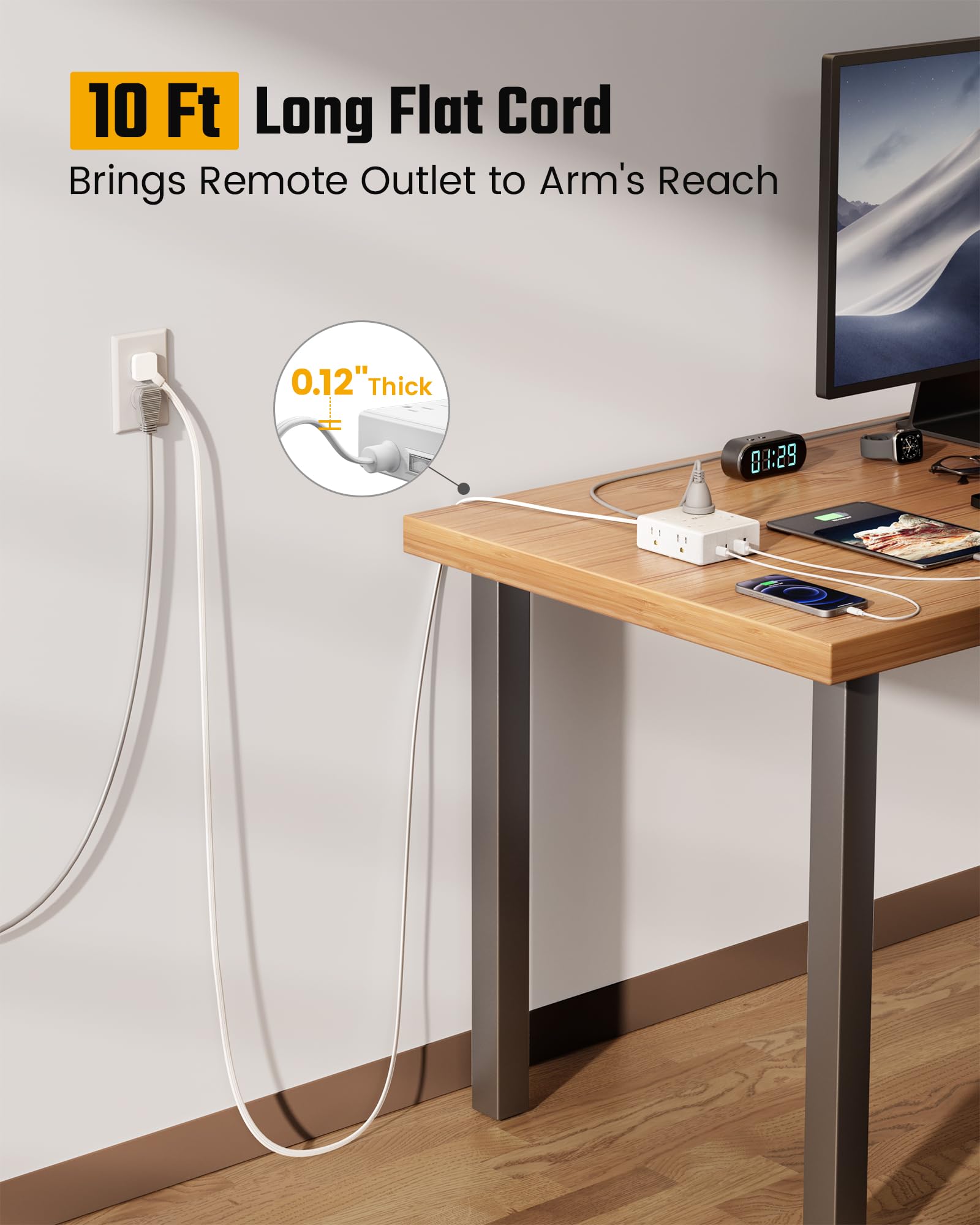 10Ft Extension Cord with Multiple Outlets, Flat Plug Surge Protector Power Strip 10 Ft Long Cord, 8 Outlets & 4 USB Ports (2 USB C), Desk Charging Station for Home Office, College Dorm Room Essentials