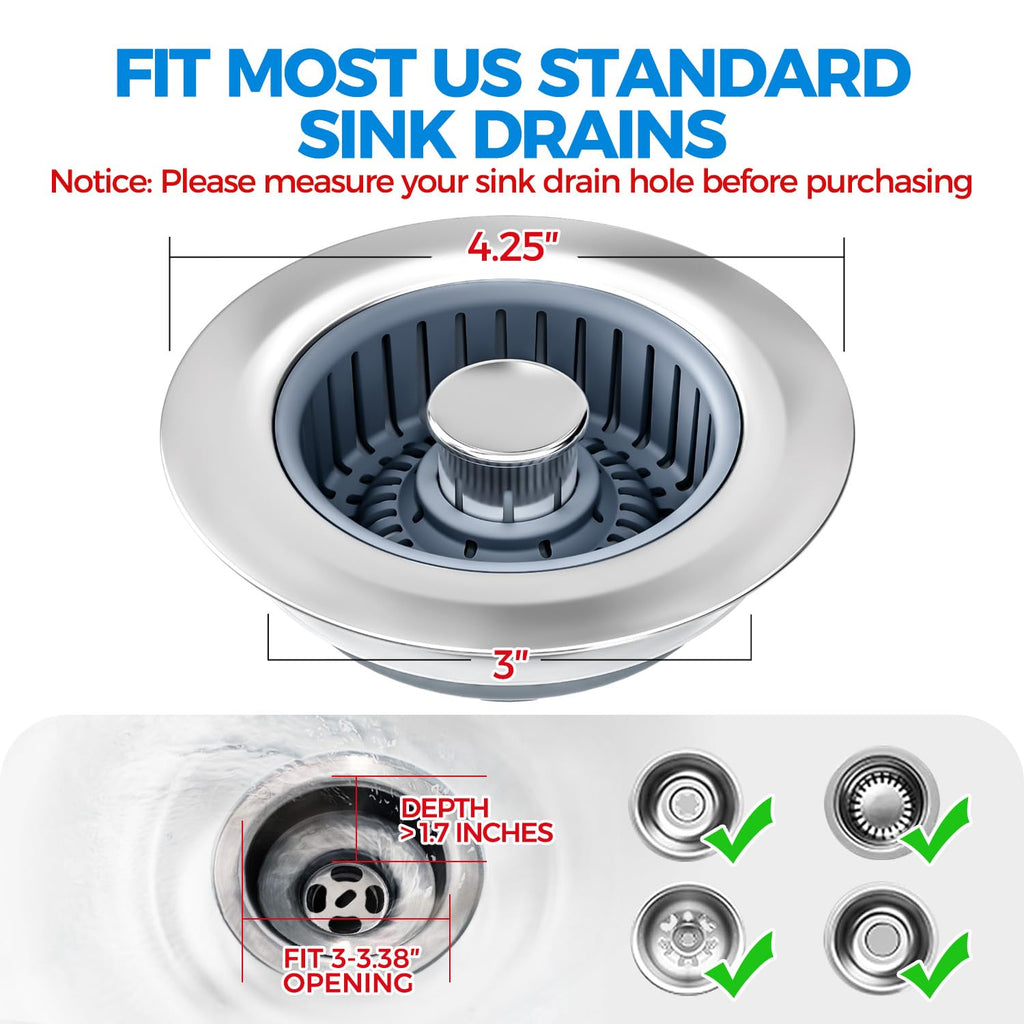 Sink Drain Strainer - Sink Stopper Kitchen Drain, 3 in 1 Kitchen Sink Drain Strainer with Anti-Clogging Basket, Kitchen Gadgets Clearance Sink Accessories, Fit US Standard 3-1/2'' Sink Hole, Silver