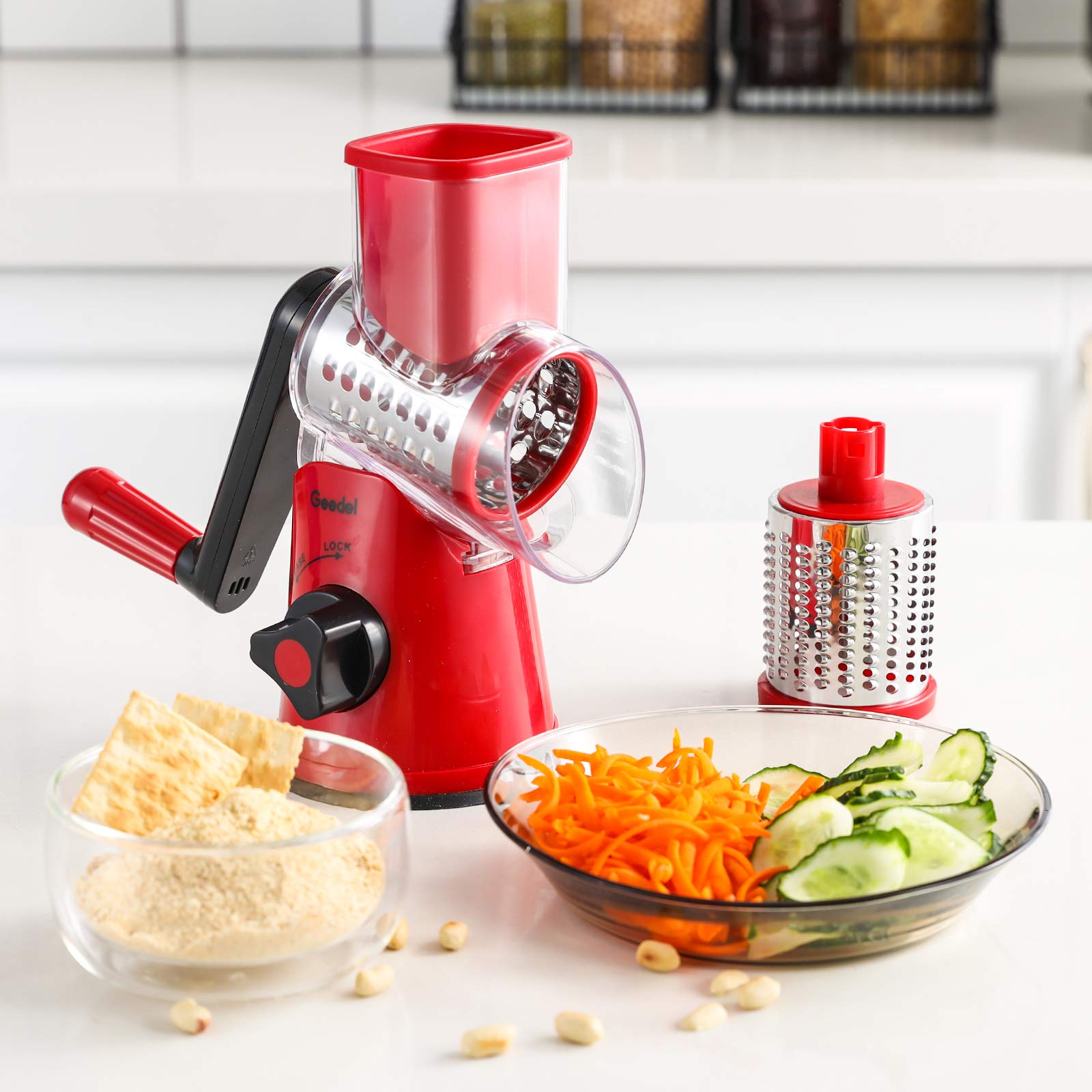 Geedel Rotary Cheese Grater, Kitchen Mandoline Vegetable Slicer with 3 Interchangeable Blades, Easy to Clean Grater for Fruit, Vegetables, Nuts