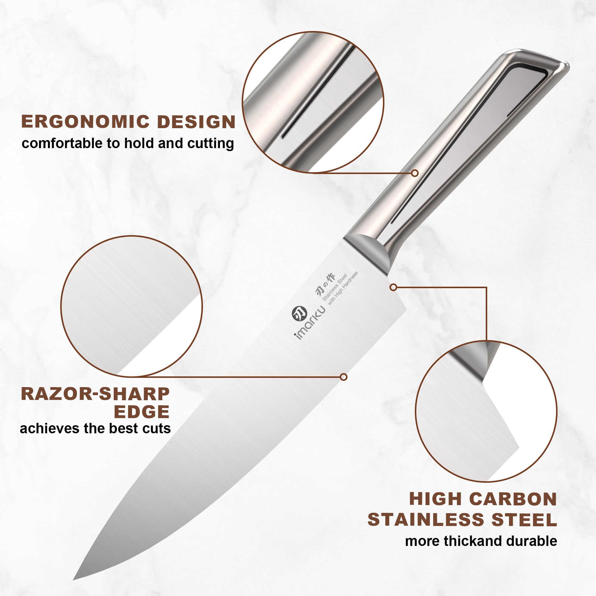 imarku 14-Piece Knife Set, Japanese Stainless Steel Knives Set for Kitchen, Full-Tang Gyutou Knife Sets with Block and Build-in Sharpener, Brown, Dishwasher Safe, House Warming Gifts for Mom