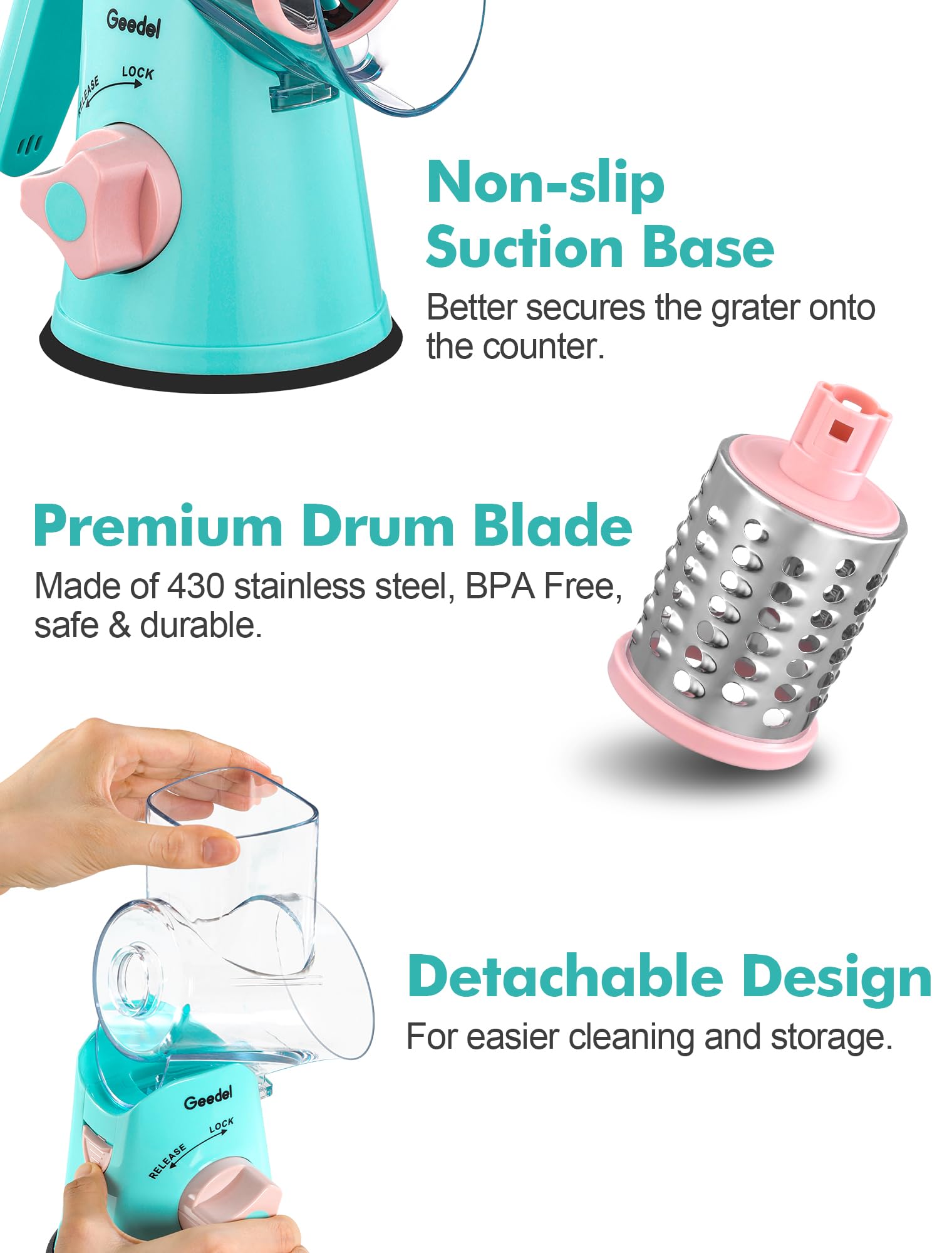 Geedel Rotary Cheese Grater, Kitchen Mandoline Vegetable Slicer with 3 Interchangeable Blades, Easy to Clean Grater for Fruit, Vegetables, Nuts