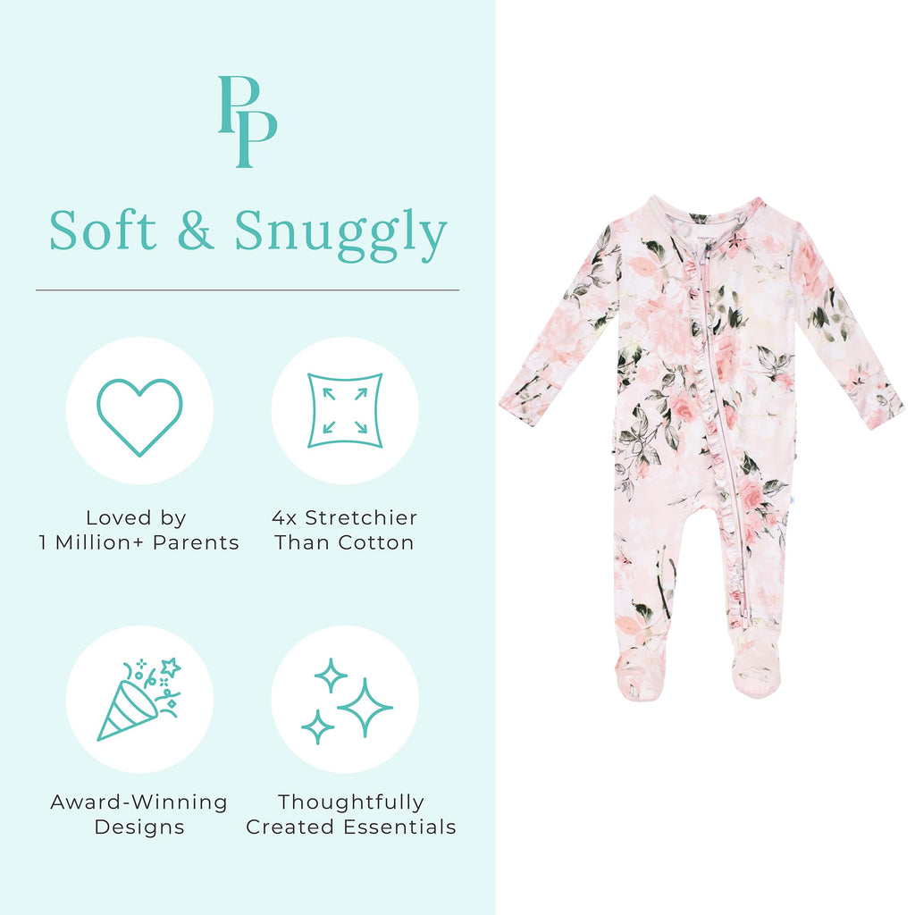 Posh Peanut Footie Pajamas for Baby Girls – Sleepers in Ultra-Soft Viscose from Bamboo with 2-Way Zipper & Ruffle Trim