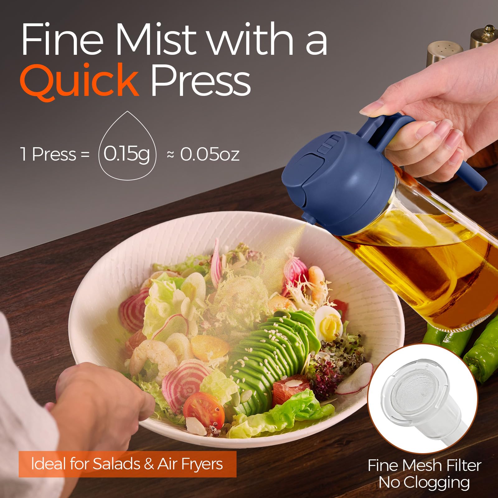 YARRAMATE 16oz/470ml Glass Olive Oil Sprayer for Cooking with Stickers, 2 in 1 Oil Dispenser for Kitchen Gadgets, Food Grade Premium Spray Bottle with Portion Control for Salad, Frying, BBQ (Black)
