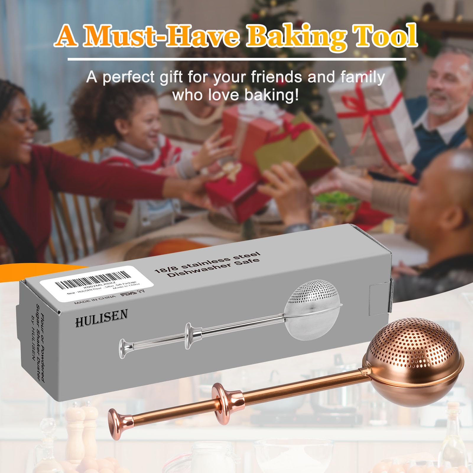 HULISEN Flour Duster for Baking, One-Handed Operation, 304 Stainless Steel Powdered Sugar Shaker Duster, Pick Up and Dust Flour Sifter, Gift Package