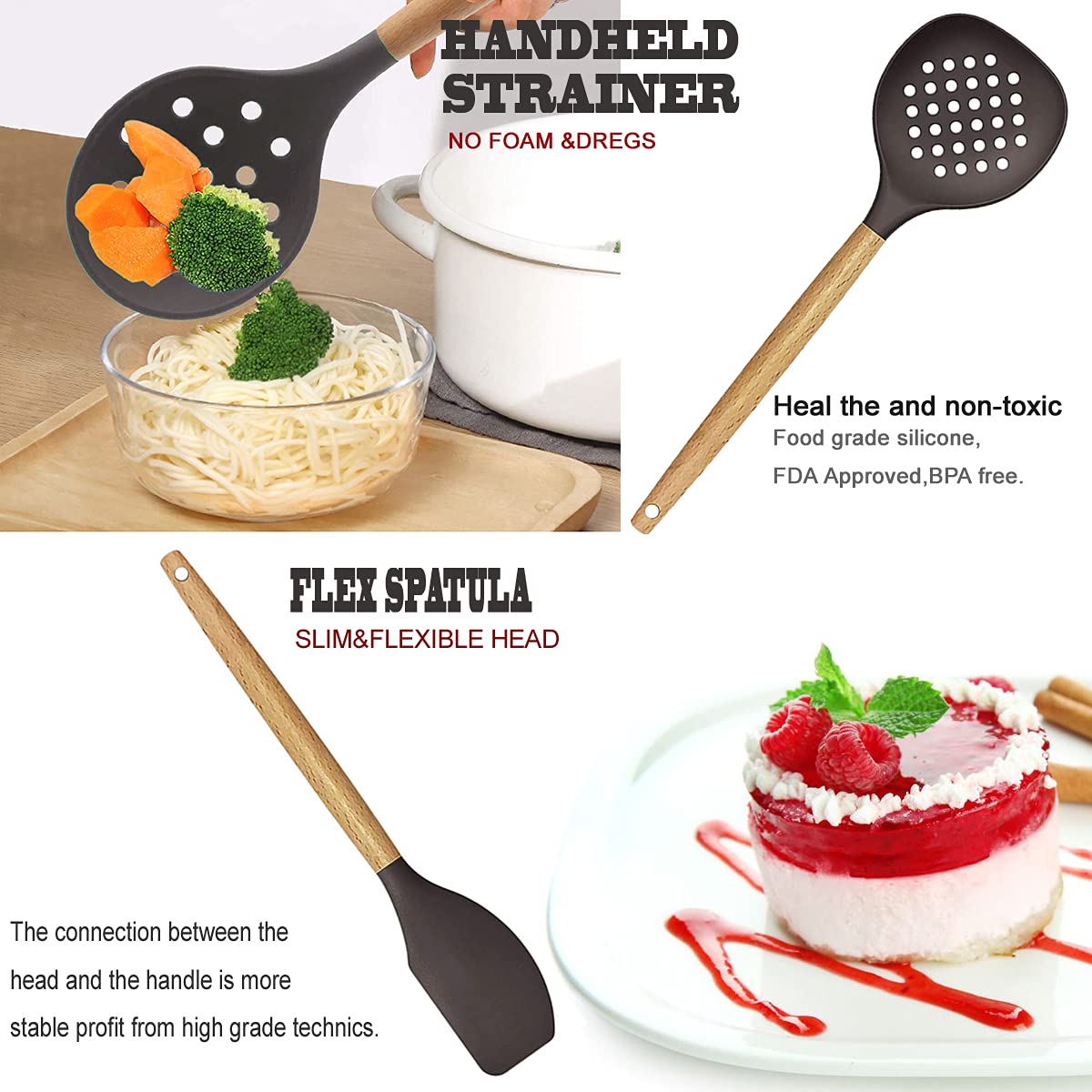 Kitchen Utensils Set- 35 PCs Cooking Utensils with Grater,Tongs, Spoon Spatula &Turner Made of Heat Resistant Food Grade Silicone and Wooden Handles Kitchen Gadgets Tools Set for Nonstick Cookware