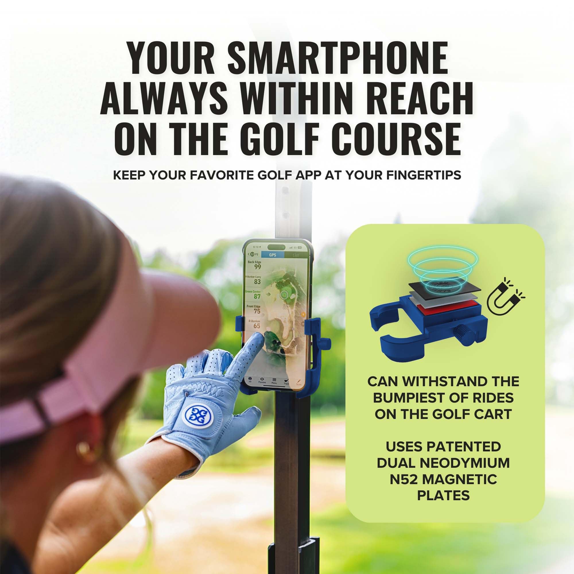 Stripebird - Magnetic Golf Cart Phone Holder - US Patented, Neodymium N52 Magnets - Golf Cart Phone Mount for iPhone & Samsung - Slim Golf Caddy Accessories for Men & Women