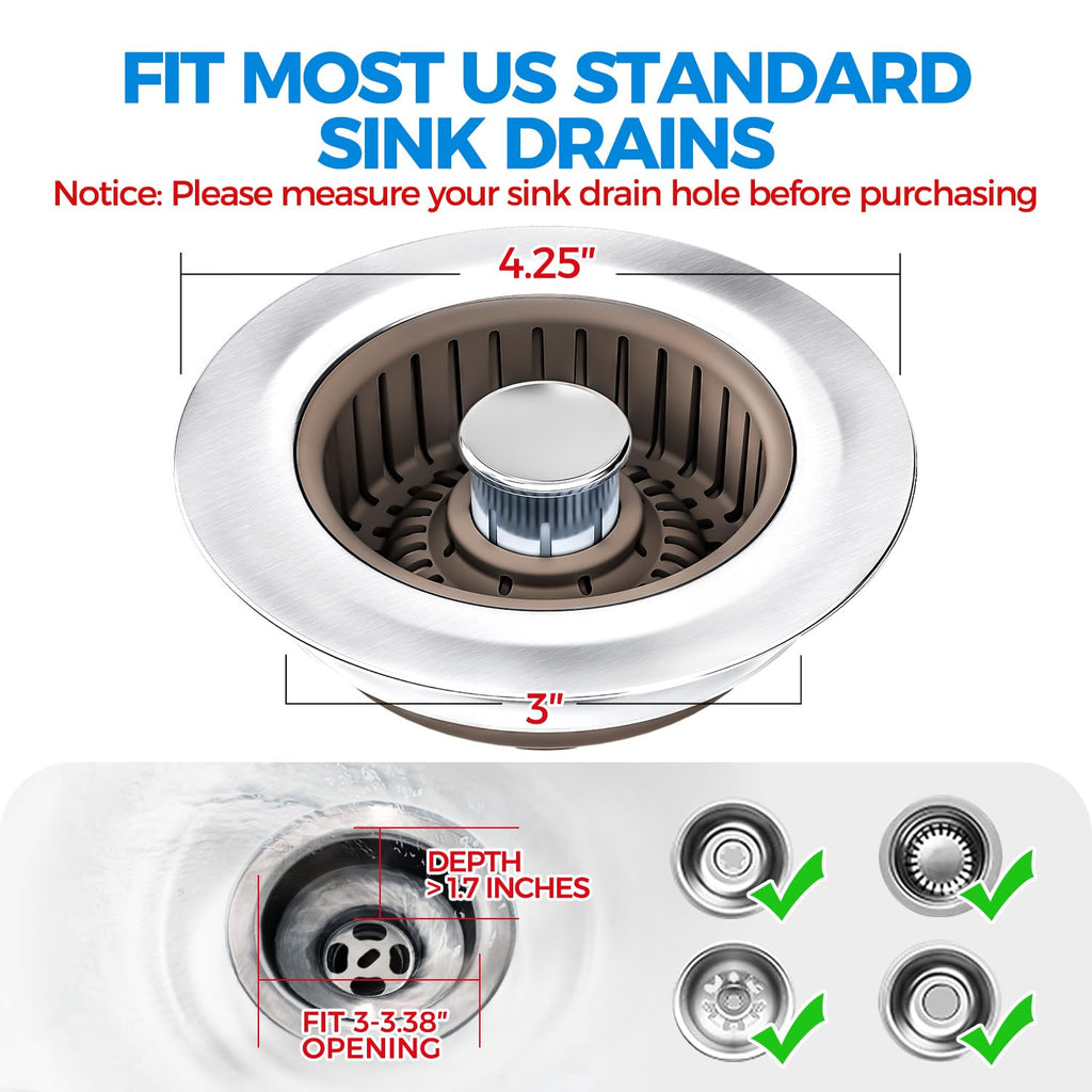 Sink Drain Strainer - Sink Stopper Kitchen Drain, 3 in 1 Kitchen Sink Drain Strainer with Anti-Clogging Basket, Kitchen Gadgets Clearance Sink Accessories, Fit US Standard 3-1/2'' Sink Hole, Silver