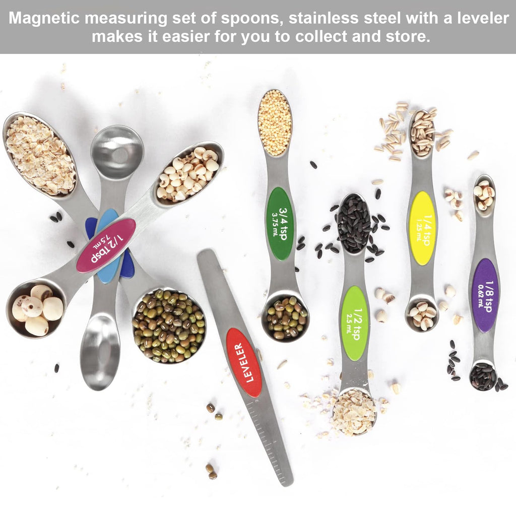 Magnetic Measuring Spoons Set Stainless Steel with Leveler, Stackable Metal Tablespoon Measure Spoon for Baking, Cups and Spoon Set Kitchen Gadgets Apartment Essentials Fits in Spice Jars