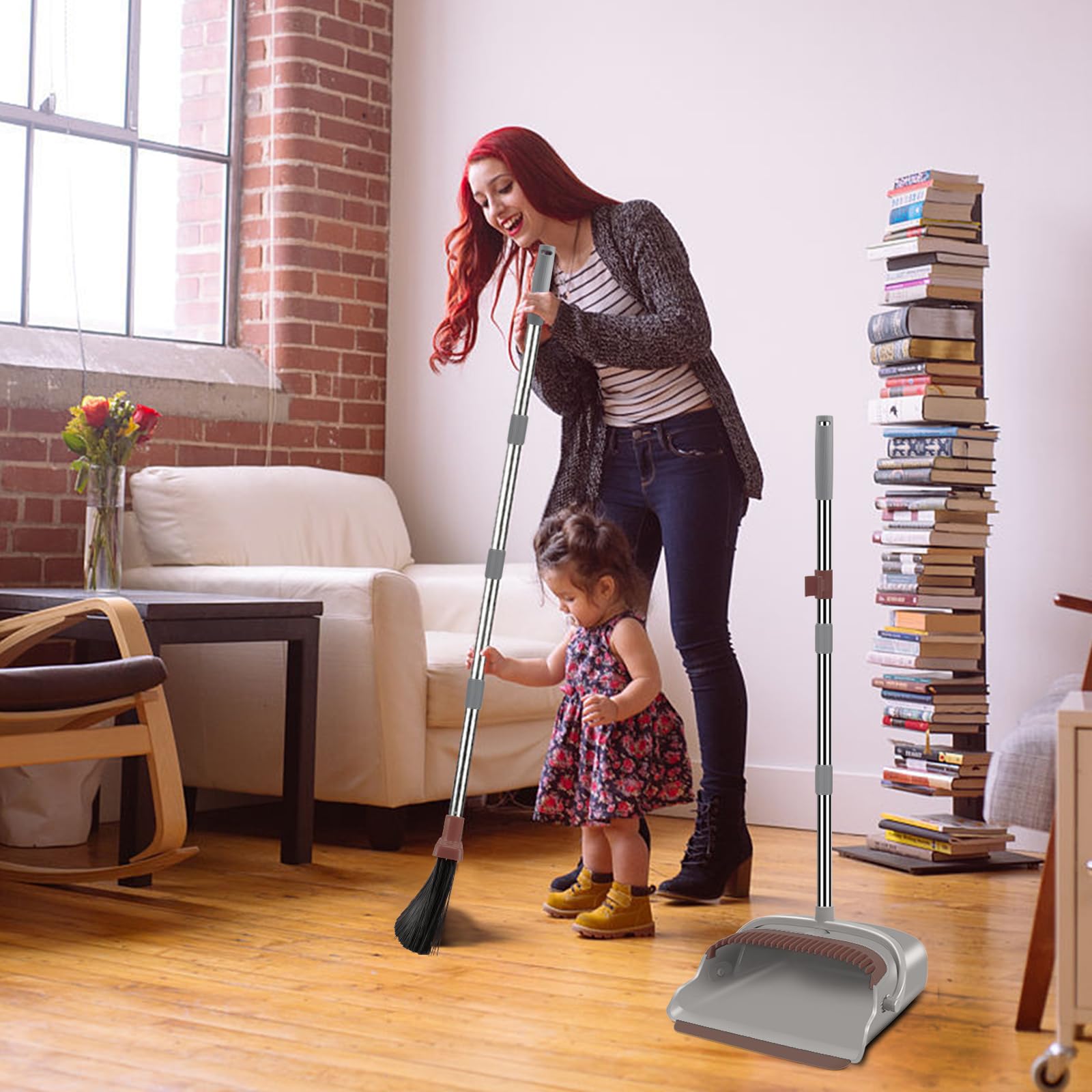 Upgrade Broom and Dustpan Set, Self-Cleaning with Dustpan Teeth, Indoor&Outdoor Sweeping, Ideal for Dog Cat Pets Home Use, Stand Up Broom and Dustpan (Gray&Orange)