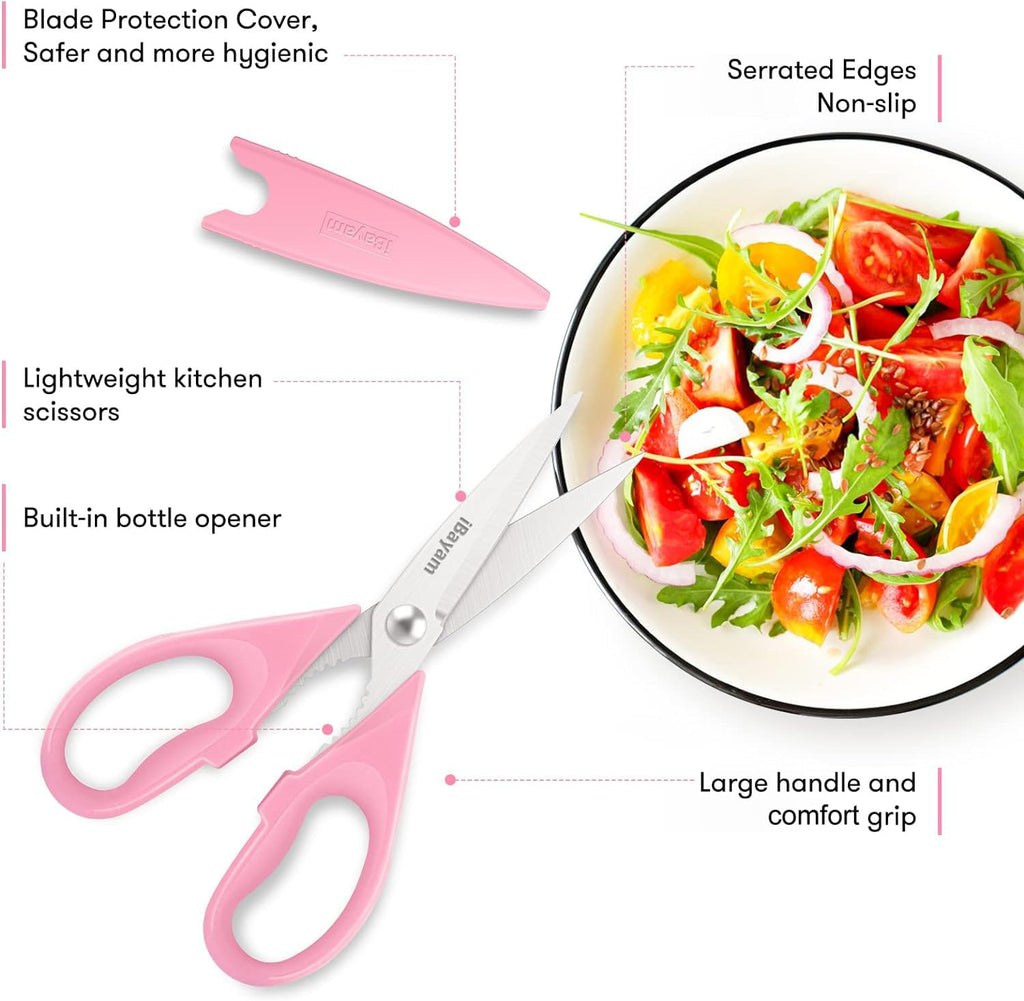 iBayam Kitchen Scissors All Purpose Heavy Duty 2 Pack with Protective Sheath, Stainless Steel Shears Kitchen Utensils Set for Cutting Food Cooking Meat Poultry Dishwasher Safe Soft Comfort-Grip