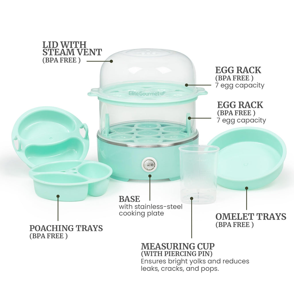 Elite Gourmet EGC115M Easy Egg Cooker Electric 7-Egg Capacity, Soft, Medium, Hard-Boiled Egg Cooker with Auto Shut-Off, Measuring Cup Included, BPA Free, Retro Mint