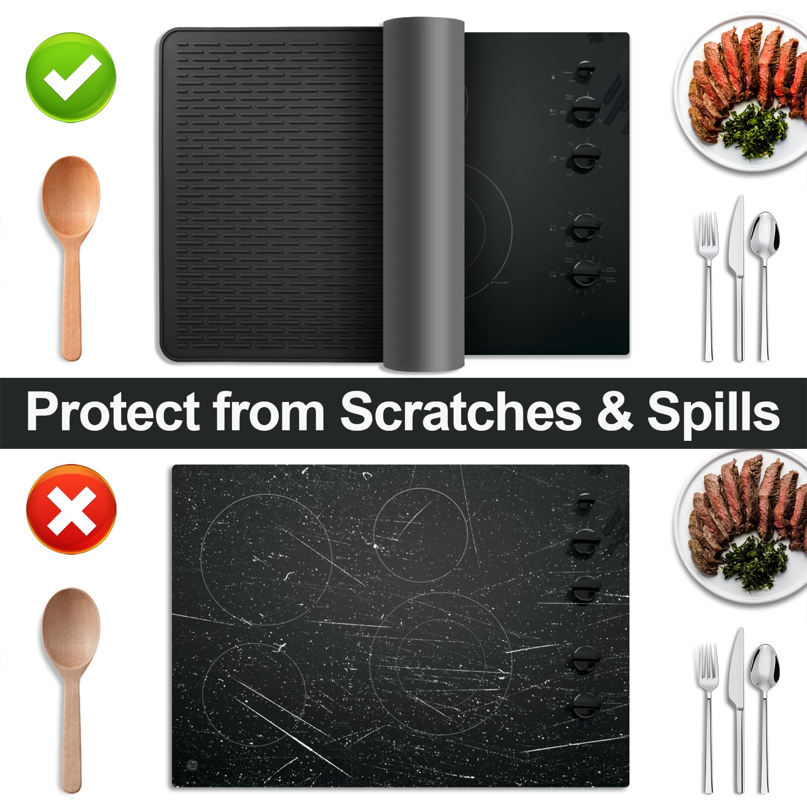 Stove Top Cover for Electric Stove- Range Covers for Electric Stove,Silicone XXL Dish Drying Mat, Glass Cooktop Covers, Flat RV Range top Mats (Black, 28"x20")