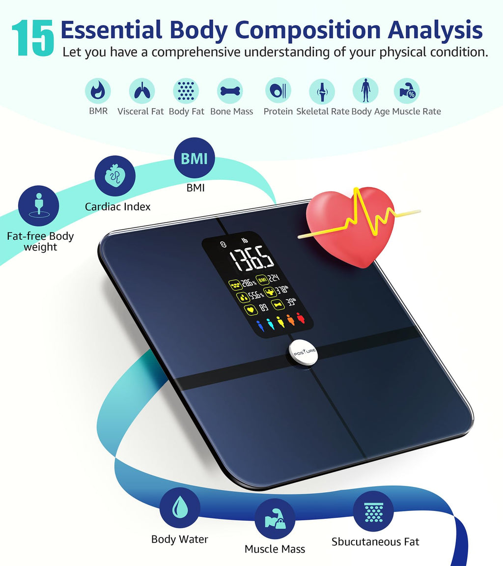 Posture Body Fat Scale, Extra Large Display Digital Bathroom Wireless Weight Scale Composition Analyzer with Heart Rate Heart Index & Body Shape Index with Free APP 400Lb Black