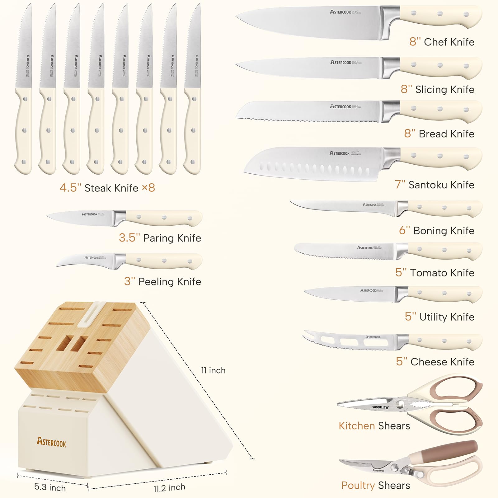 Knife Set,Astercook Kitchen Knife Set with Block 14-Piece Full Tang Stainless Steel Knives with Sharpener Dishwasher Safe and Anti-Slip Ergonomic Handle Utensils Set