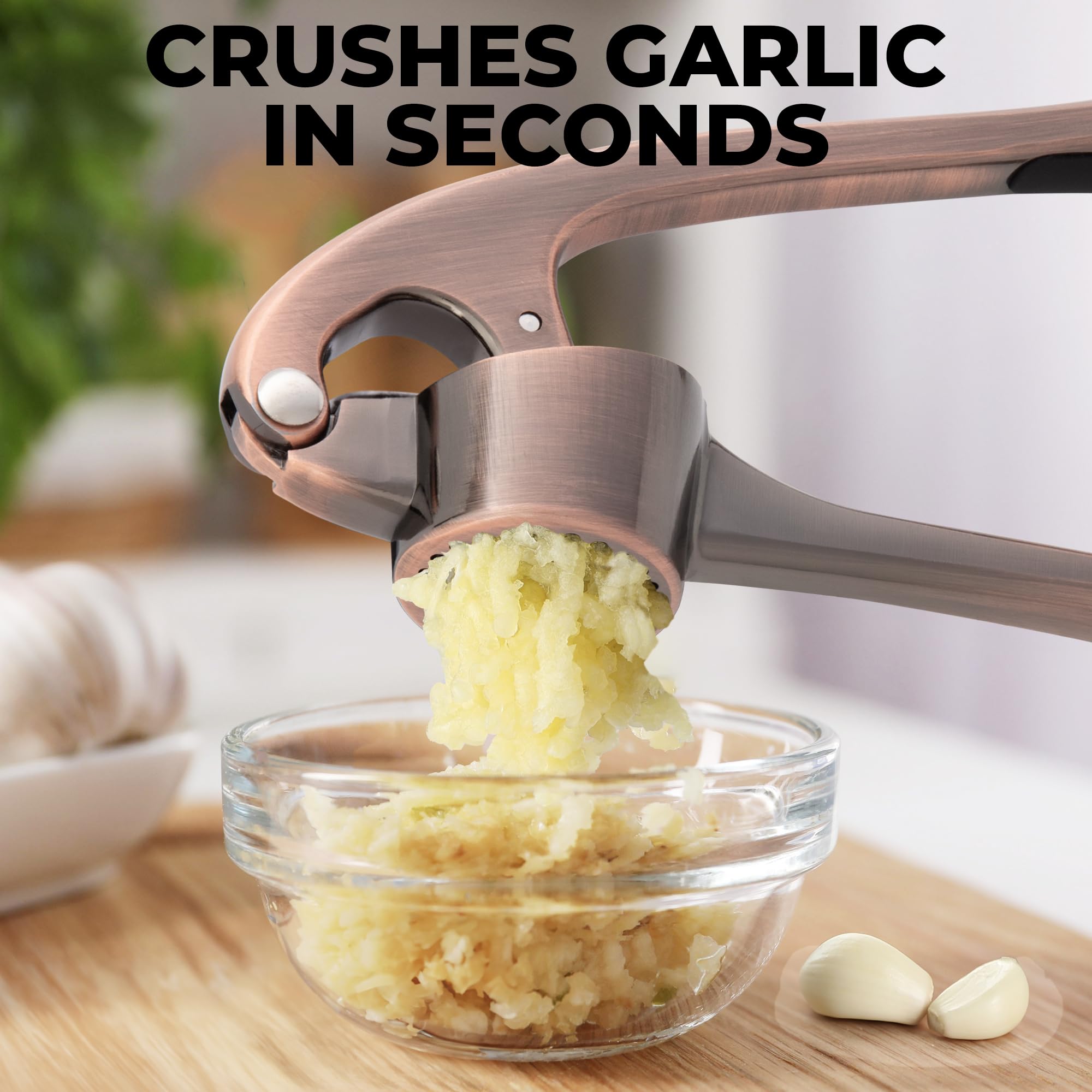 Zulay Kitchen Premium Garlic Press Set - Rust Proof Professional Garlic Mincer Tool - Easy-Squeeze, Easy-Clean with Soft, Ergonomic Handle - Silicone Garlic Peeler & Brush (Silver)