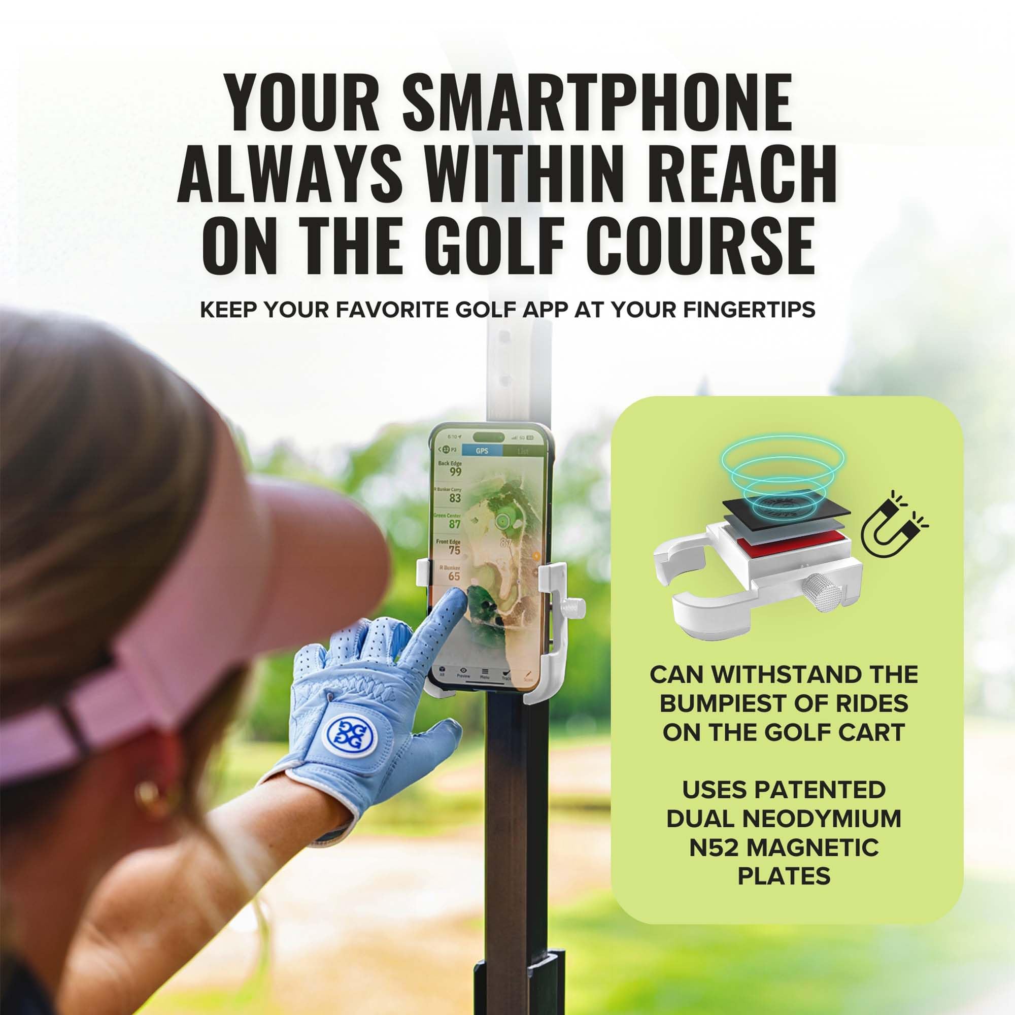 Stripebird - Magnetic Golf Cart Phone Holder - US Patented, Neodymium N52 Magnets - Golf Cart Phone Mount for iPhone & Samsung - Slim Golf Caddy Accessories for Men & Women