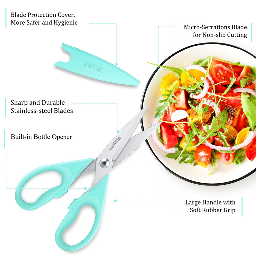 iBayam Kitchen Scissors All Purpose Heavy Duty 2 Pack with Protective Sheath, Stainless Steel Shears Kitchen Utensils Set for Cutting Food Cooking Meat Poultry Dishwasher Safe Soft Comfort-Grip
