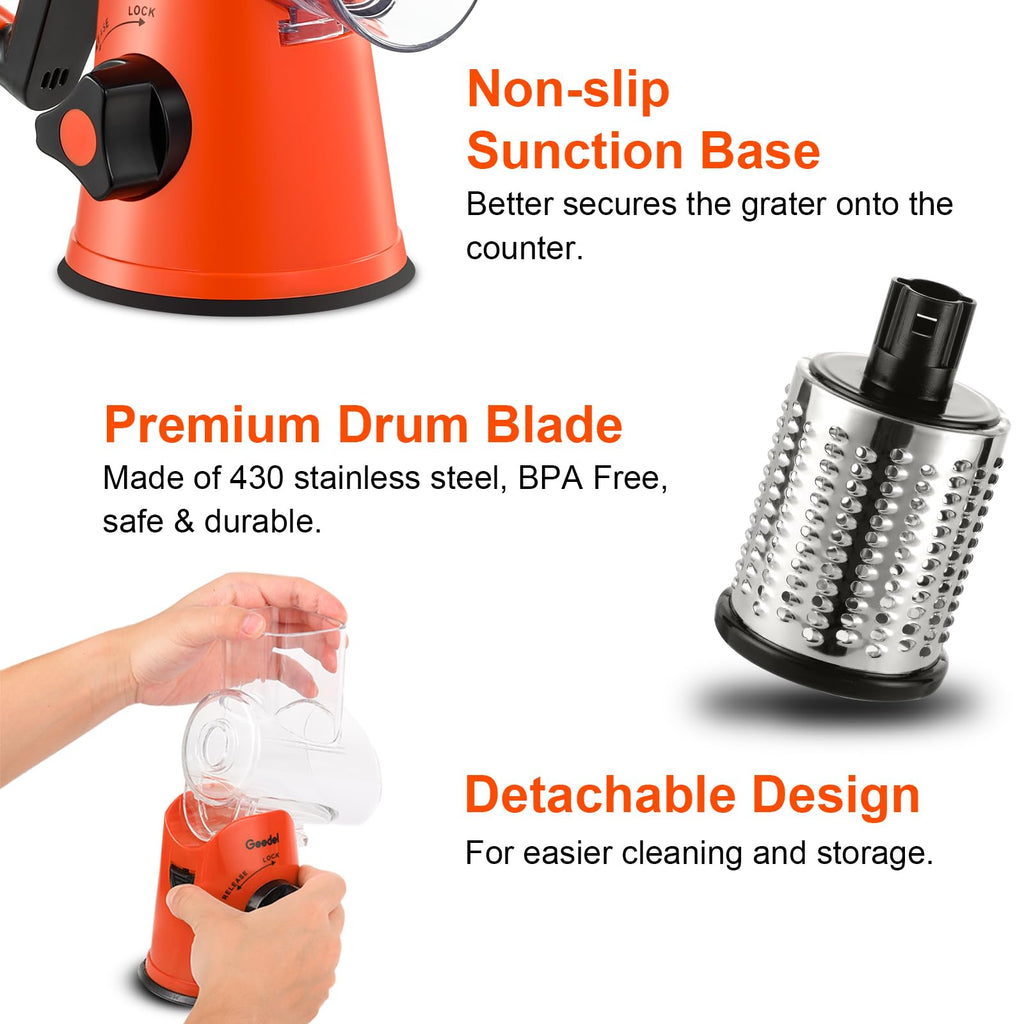 Geedel Rotary Cheese Grater, Kitchen Mandoline Vegetable Slicer with 3 Interchangeable Blades, Easy to Clean Grater for Fruit, Vegetables, Nuts