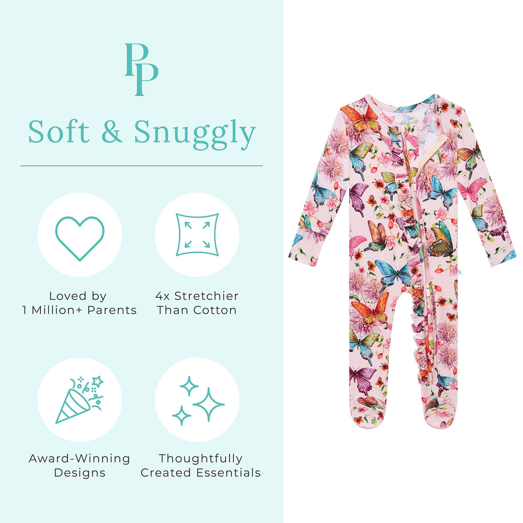 Posh Peanut Footie Pajamas for Baby Girls – Sleepers in Ultra-Soft Viscose from Bamboo with 2-Way Zipper & Ruffle Trim