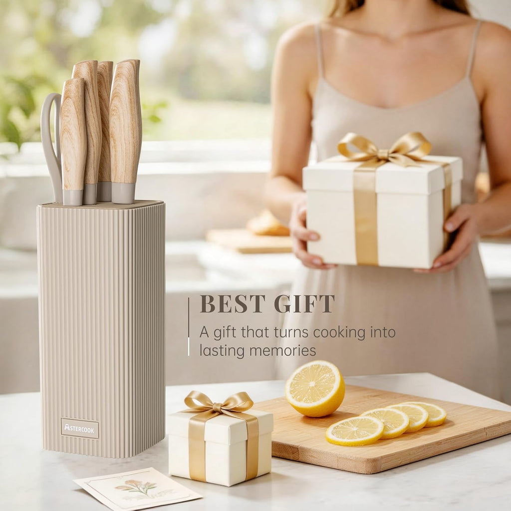 Astercook Knife Set, 6-Piece Kitchen Knife Set with Block, High Carbon Stainless Steel Ultra Sharp Kitchen Knives, Wood Grain Handle, Dishwasher Safe Knife Block Set, Khaki, Mothers Day Gifts