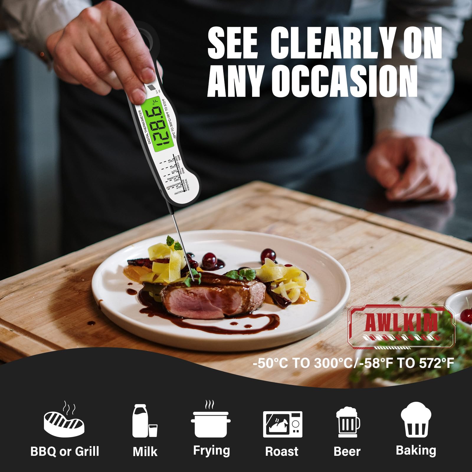 AWLKIM Meat Thermometer Digital - Instant Read Waterproof Food Thermometer with Backlight for Cooking, Grill, Candy, Kitchen & Stocking Stuffers for Men - Red
