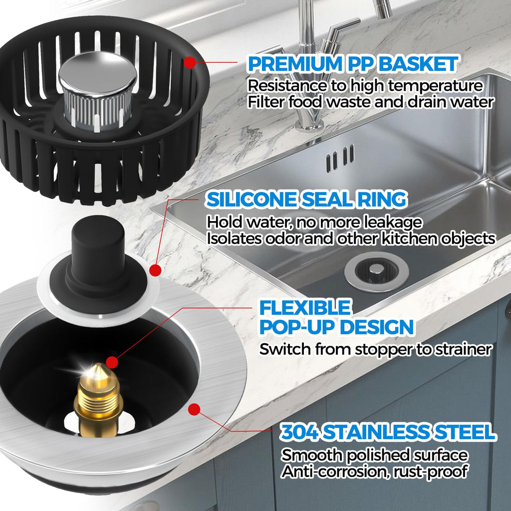 Sink Drain Strainer - Sink Stopper Kitchen Drain, 3 in 1 Kitchen Sink Drain Strainer with Anti-Clogging Basket, Kitchen Gadgets Clearance Sink Accessories, Fit US Standard 3-1/2'' Sink Hole, Silver