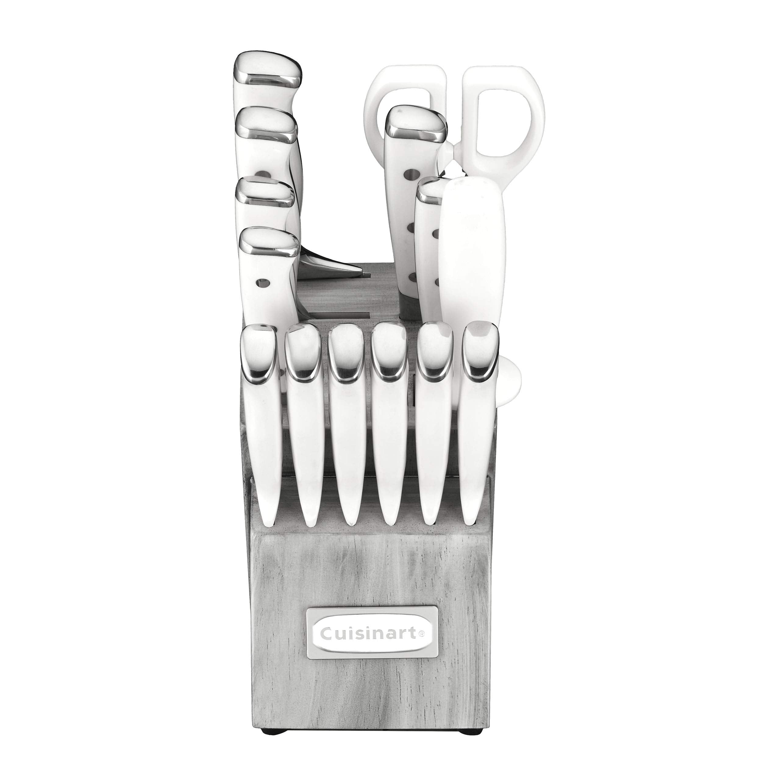 Cuisinart 15-Piece Knife Set with Block, High Carbon Stainless Steel, Forged Triple Rivet, White, C77WTR-15P