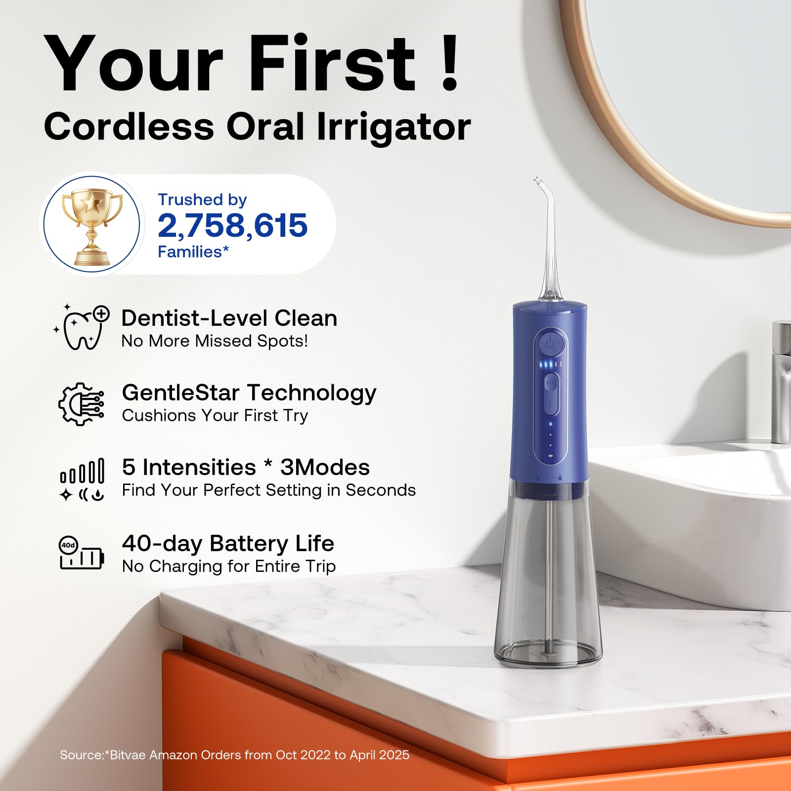 Bitvae Water Dental Flosser for Teeth, Cordless Water Teeth Cleaner Picks, 3 Modes 5 Intensities, IPX7 Waterproof, Rechargeable Water Dental Picks for Cleaning - Black
