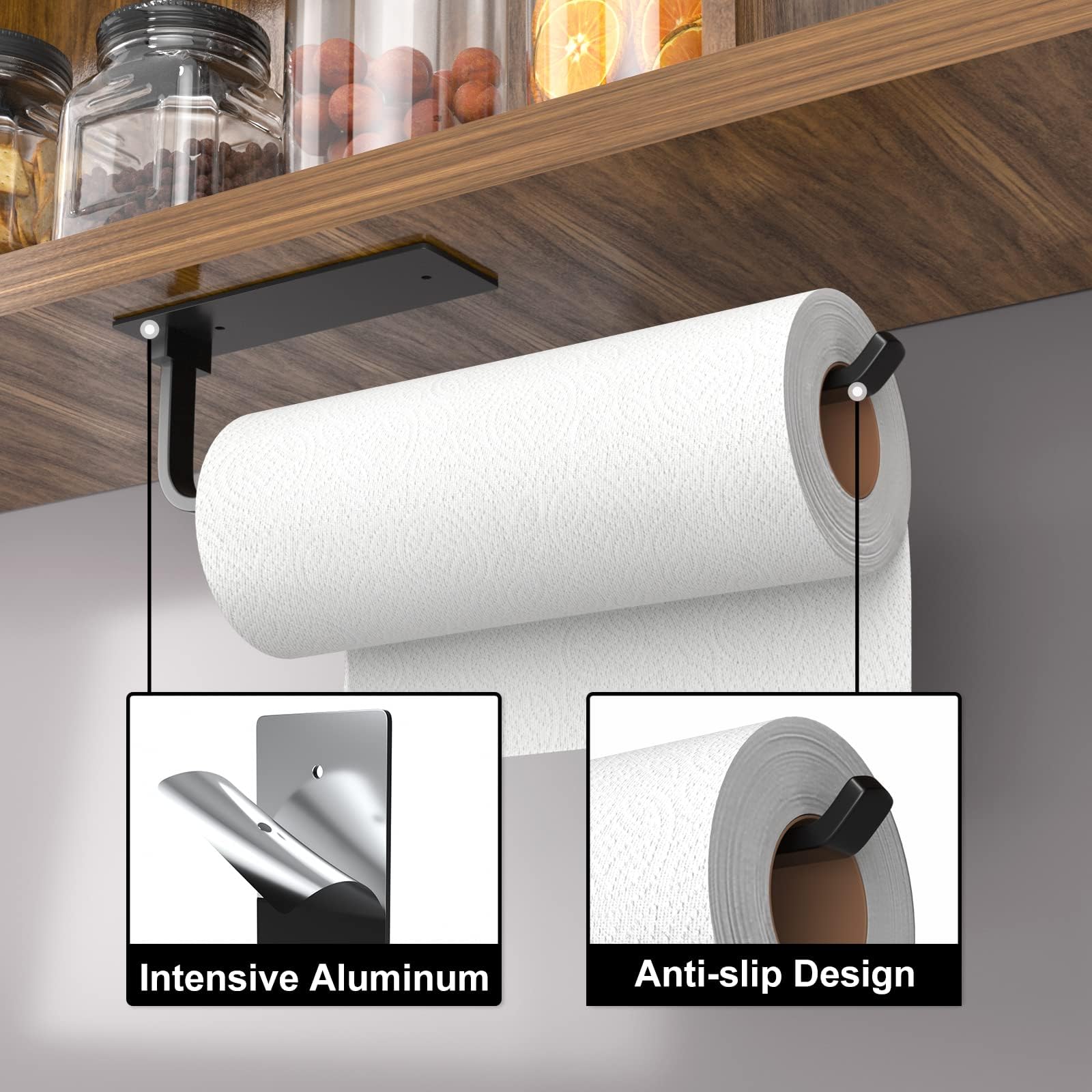 Paper Towel Holder - Self-Adhesive or Drilling, White, Upgraded Aluminum Kitchen Roll Dispenser Under Cabinet, Lighter but Stronger Than Stainless Steel!