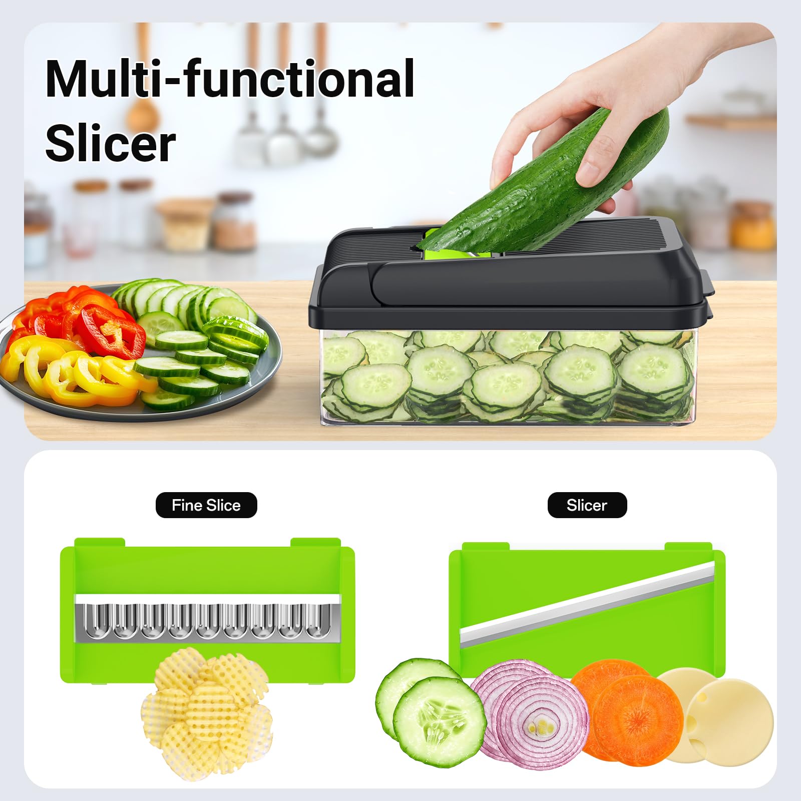 SpaceHacks 12-in-1 Vegetable Chopper, Kitchen Gadgets with 7 Blades, Veggie, Food, Onion Chopper, Cucumber Slicer, Versatile Mandoline, Includes Egg Separator & Finger Guard, Gray