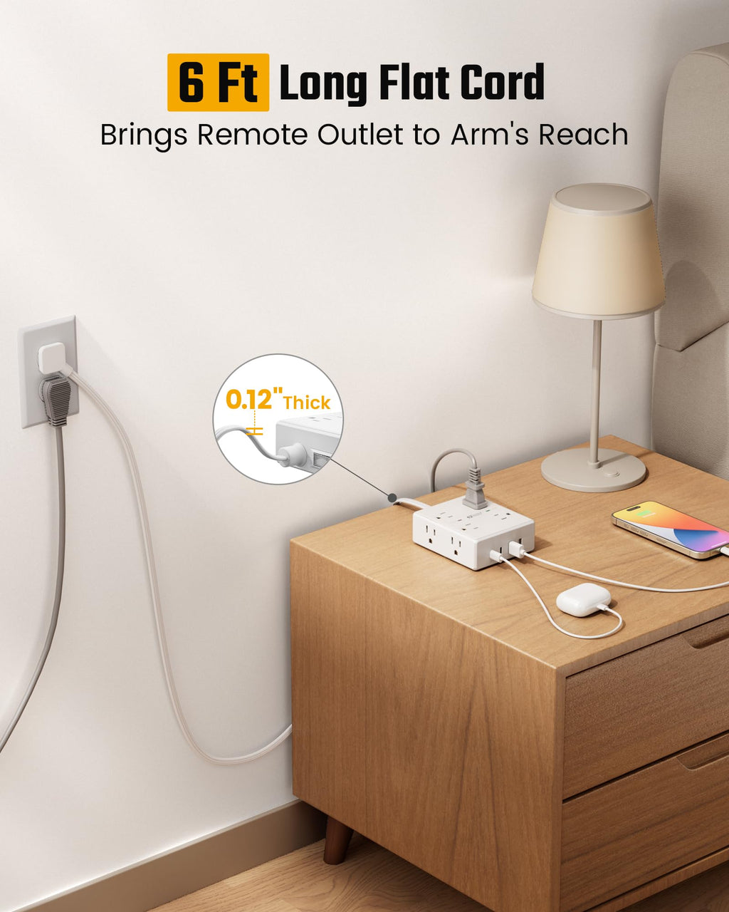 10Ft Extension Cord with Multiple Outlets, Flat Plug Surge Protector Power Strip 10 Ft Long Cord, 8 Outlets & 4 USB Ports (2 USB C), Desk Charging Station for Home Office, College Dorm Room Essentials