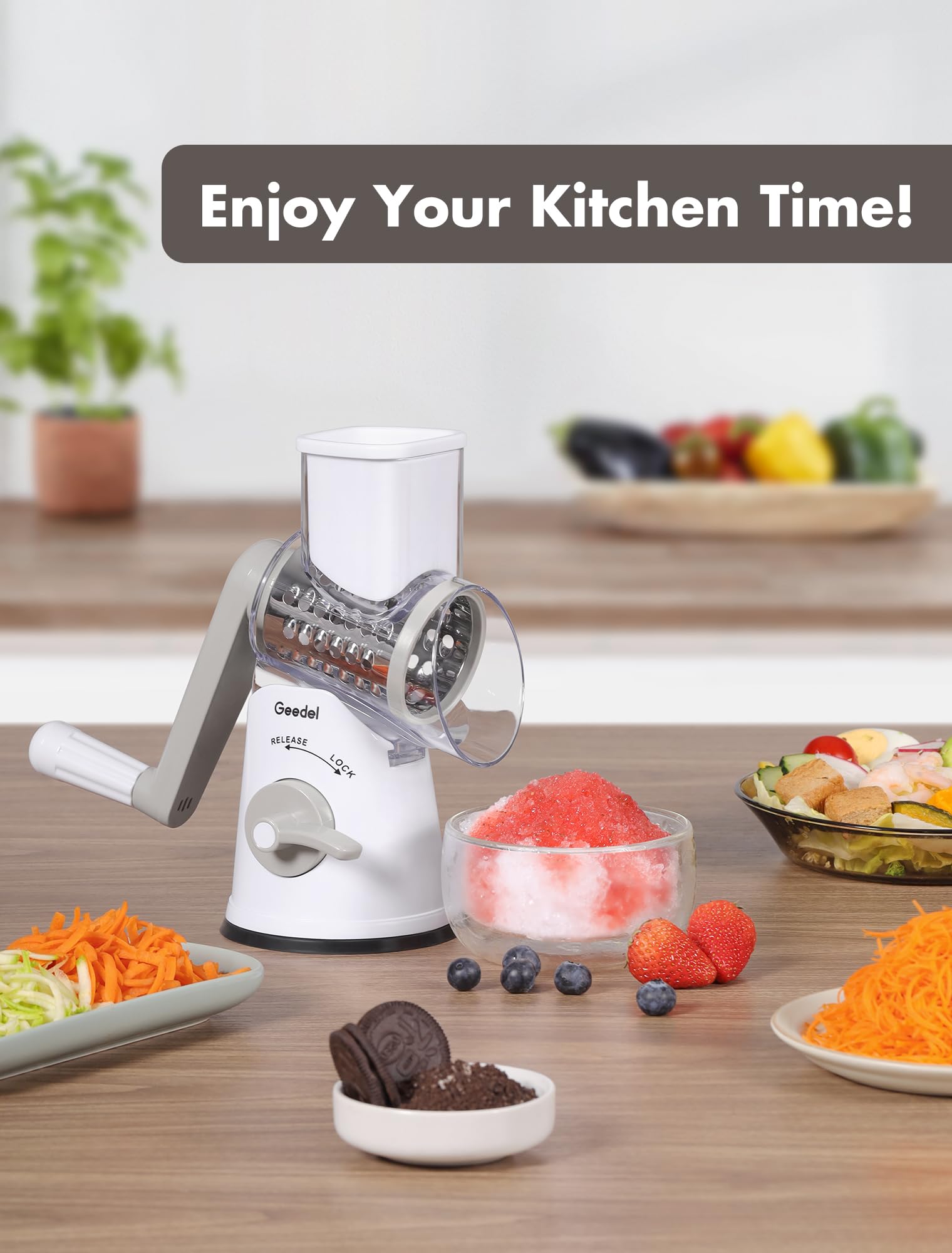 Geedel Rotary Cheese Grater, Kitchen Mandoline Vegetable Slicer with 3 Interchangeable Blades, Easy to Clean Grater for Fruit, Vegetables, Nuts